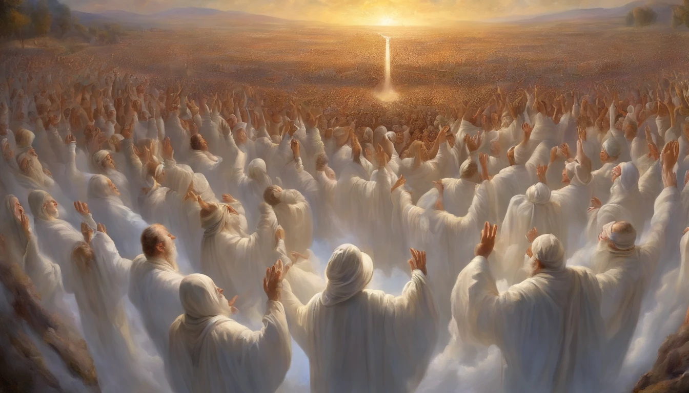 The Rapture ,Thousands of people are floating in the air,Standing on the clouds, Thousands of people are dressed in white, Raise your hands and sing hymns to praise God. The scenes are magnificent and surreal. (Best Quality, 4k, 8K, high resolucion, Masterpiece:1.2), Ultra-detailed, (realisitic, Photorealistic, Realistis:1.37), portrait of a, Vivid colors, studio lit, Sharp focus, physics based rendering, extreme detail description, Biblical Topics, grand ambience, radiant light.