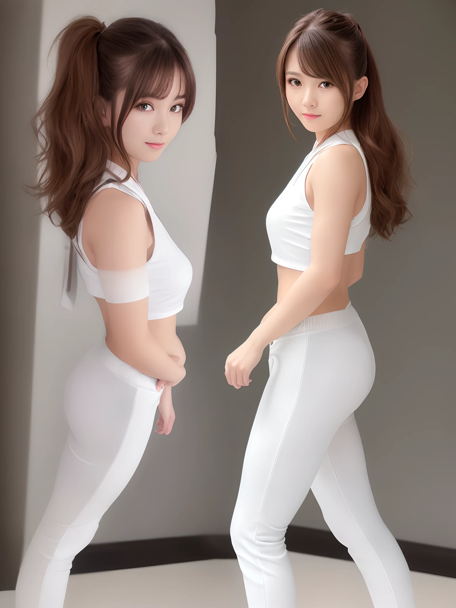 (Photorealsitic)(), Perfectly beautiful woman, (Full body 8K portrait), Large and dynamic hand and foot movements, White Karate Uniform, White karate pants, Large bust,Stand alone, Large and dynamic hand and foot movements, Make a high side kick, Correct skeleton, Perfect facial detail, (Smile: 1.15), attractive beautiful face, gazing at viewer, a small face, 二重まぶた, Beautiful detailed eyes, long eyeslashes, ligh brown hair, poneyTail, Toned waist, Beautiful thin legs, toned ankles, bare-legged ,TOKYOcty