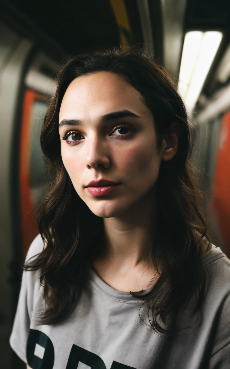 (Melhor Tiro, fotografia editorial de uma jovem de 30 anos gal gadot), (rosto altamente detalhado:1.4) (sorrir:0.7) (Fundo  tunel metro abandonado dentro do escuro, Moody, estudo privado:1.3),  Directed by: Lee Jeffries, Nikon D850 | | | | | | | | | | | | | | | | | | | | | | | | | | | | | | | | | | | | | | | | | | | | | | | | | | | | | | | | | | | | | | | | | | |, Fotografia Stock Film, 4 Kodak Portra 400 ,camera f1.6 lentes, cores ricas, hyper realistic, Textura realista, dramatic lighting, Cinestill 800  vestido branco longo manga comprida  cabelo preto curto ombro-comprimento, sérdas, (sardas:].4), pale skinned,