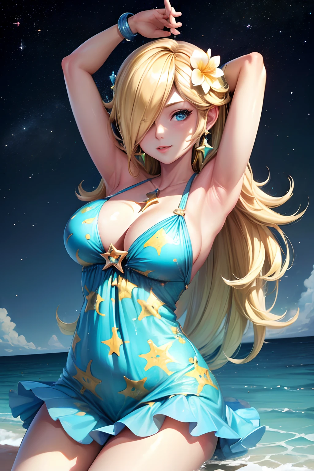 ((high detailed, best quality, 4k, masterpiece, hd:1.3)), rosalina, swimwear, flower, galaxy backdrop