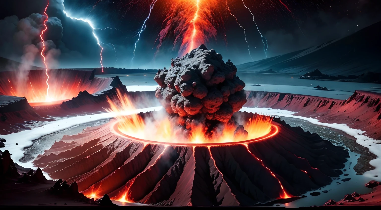 Volcanoes that are erupting. Lightning was generated in the plume。Many bright red volcanic bombs are flying out of the crater --auto