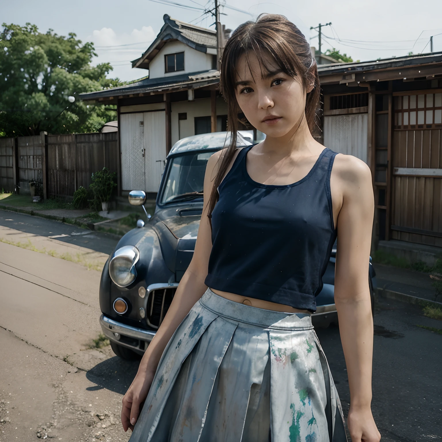 Photorealsitic、wide Shots、motor car、Japan Family Cars、Painted silver、Rural townscape of Japan、Wagas、catss、Japan Automobiles、Degraded、Rusty、Broken、(Dark blue skirt、Beautiful woman in tank top)、