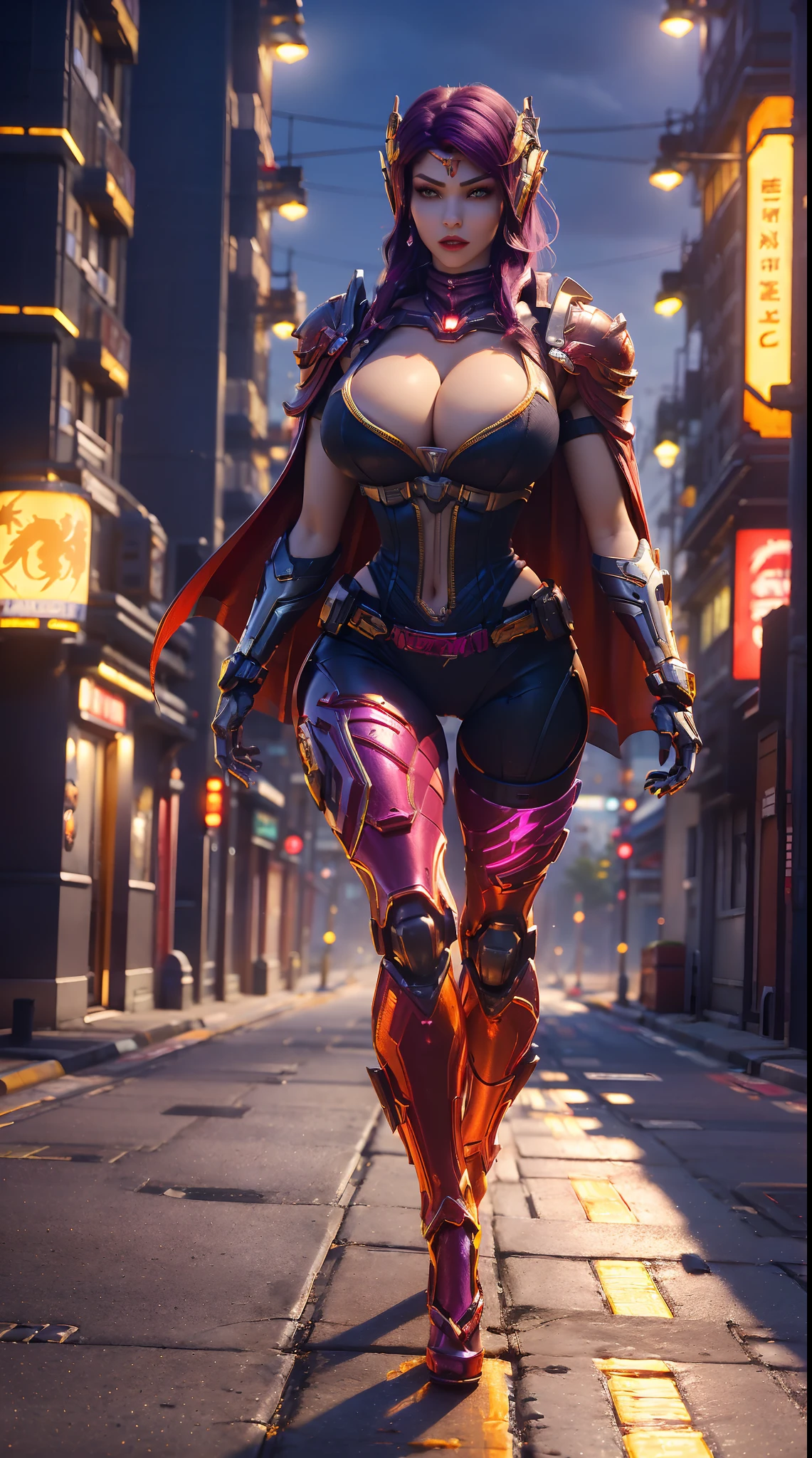 1GIRL, SOLO, (ssmile, makeup, beautifull eyes, red libs, gold ornament hair), (HUGE FAKE BOOBS:1.3), (GUARD ARM), (red, purple, blue, FROM OVERWATCH, IN FUTURISTIC DRAGON ARMOR, GIRL IN MECHA CYBER ARMOR, ROYAL CAPE, CLEAVAGE, SKINTIGHT YOGA PANTS, HIGH HEELS:1.5), (SLENDER BODY, SEXY LONG LEGS, FULL BODY:1.3), (LOOKING AT VIEWER:1), (WALKING DOWN ON STREET NIGHT CITY:1.3), PHYSICALLY-BASED RENDERING, ULTRA HIGHT DEFINITION, 8K, 1080P.