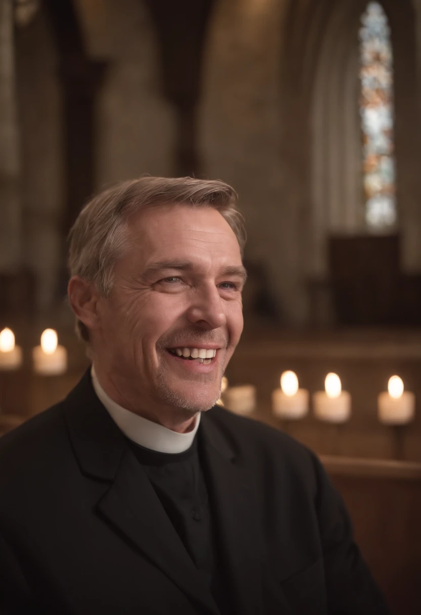A church minister but with decaying teeth and missing teeth.