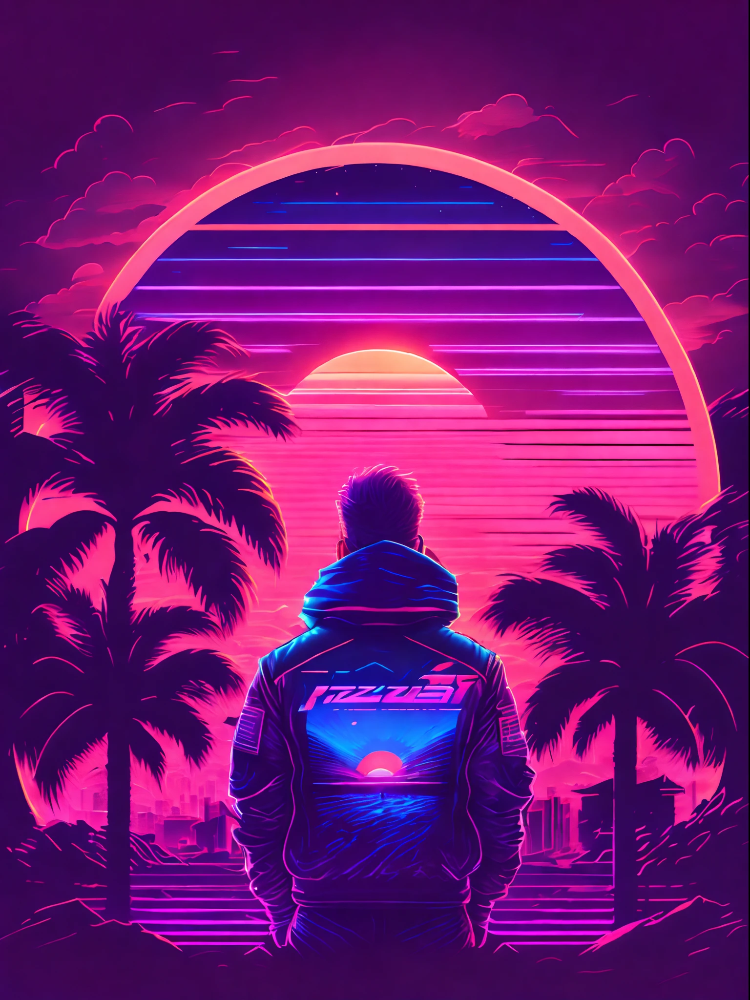 ((Best quality),(Masterpiece),(Amazing detail),illustration,high resolution,tshirt design, rzminjourney, vector-art,synthwave style,sunset,palm,outrun style,dreamy,future style,Digital art