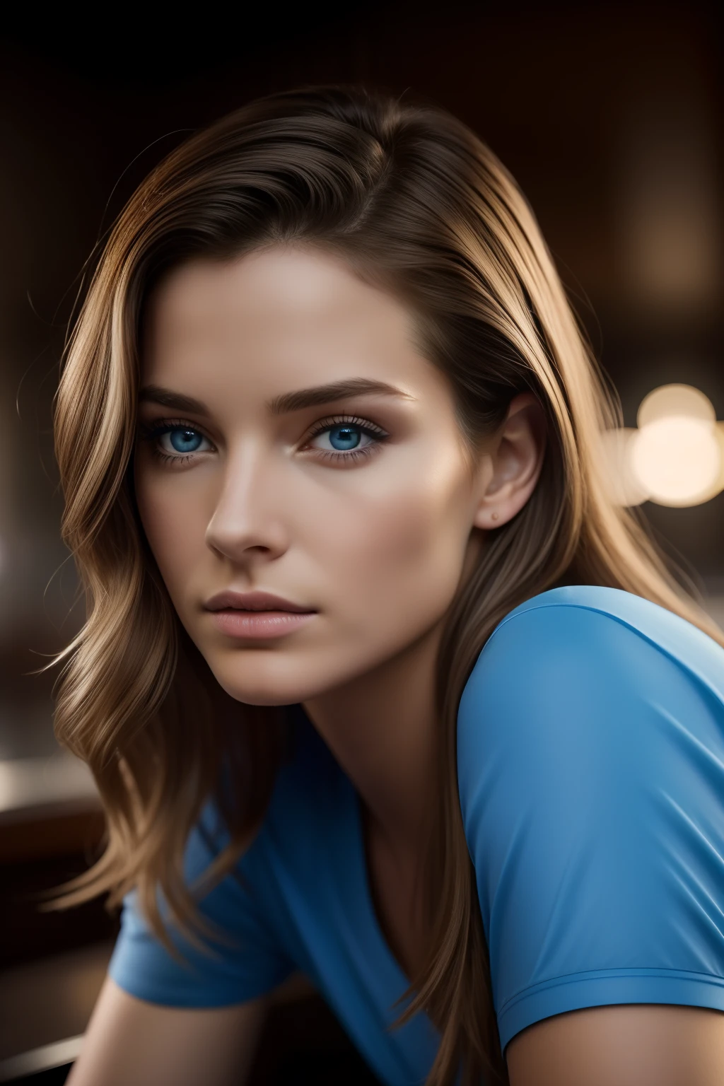 tmasterpiece, beste-Qualit, Cinematographic photo, anatomiquement correcte, Digital Artwork Illustration, femme innocente de 25 ans, pale skinned, polie, pronounced feminine features, (stretching), t-shirt, cheveux blonds raides, gros seins, (fond cosmique), yeux bleu grand ouvert illustration sombre style, (8k, composition dynamique, photo realist, mise au point nette), Elaborate background, cutscene, Rule of Thirds, contre-jour, grain du film, intricate high detail, Fine Beauty Details, longs cheveux blonds raides, Blue eyes wearing a white t-shirt with no print, porter une ceinture en cuir, vue de face (Assis dans un restaurant moderne la nuit), Shelbia,, Very detailed, 30 ans, natural wavy hair, yeux bleus, high resolucion, Dance masterpiece, Best quality, intricate high detail, highly detailed, mise au point nette, detailed skin, realistic skin texture, texture, detailled eyes, professionnel, 4K, Prise de vue Canon, 85 mm, faible profondeur de champ, Vision couleur Kodak, perfect fit body, Extremely detailed, photo_\(ultra\), Hyper realistic photo, Realstic, Post-traitement, maximum details, roughness, real life, ultra realist, photo realism, photographie, 8K UHD, photographie (grain de film) Medium shot for close-up atmospheric dark lighting