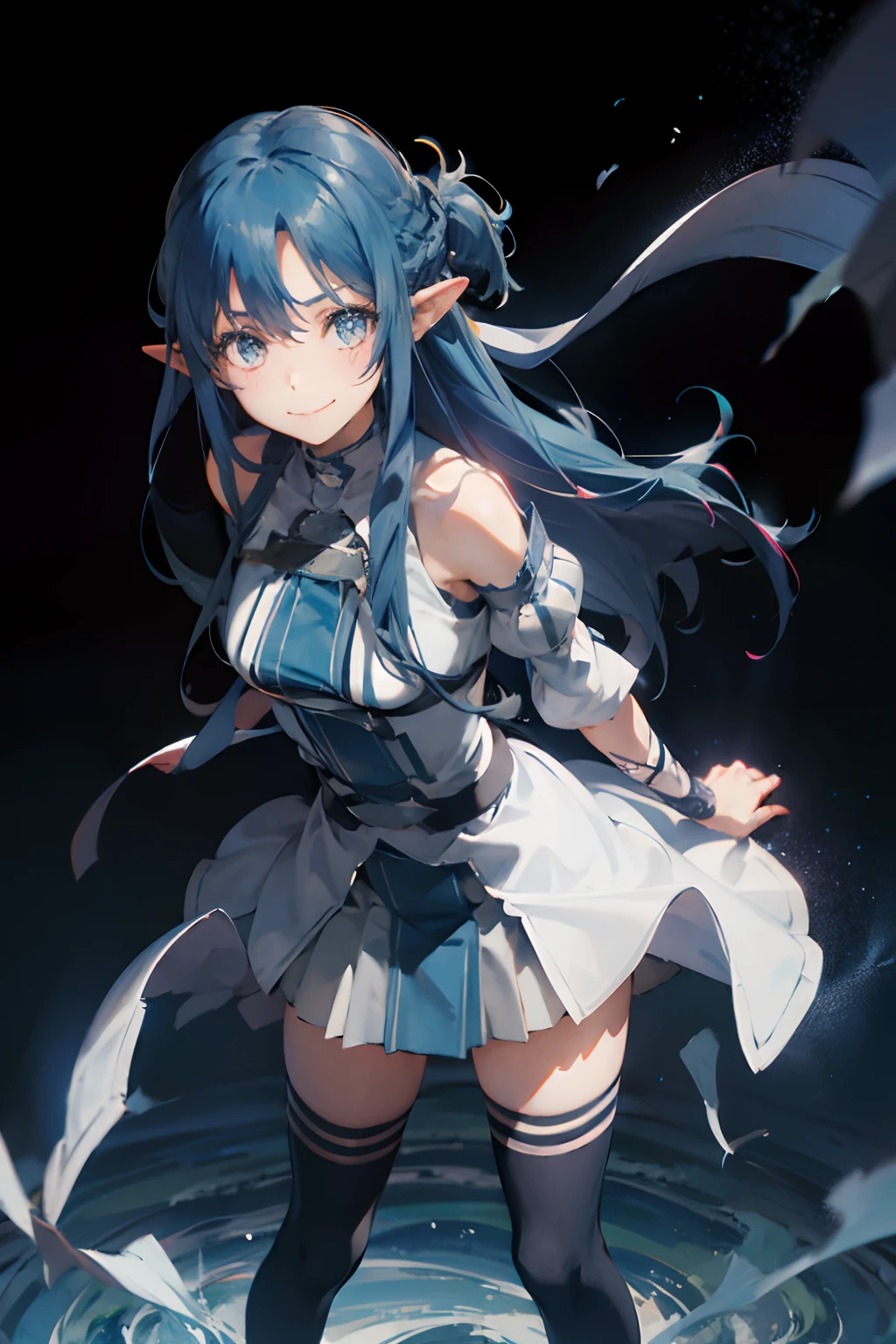 original outfit, 1girl, solo, long hair, thighhighs, blue thighhighs, smile, zettai ryouiki, arms behind back, looking at viewer, leaning forward, detached sleeves, skirt,