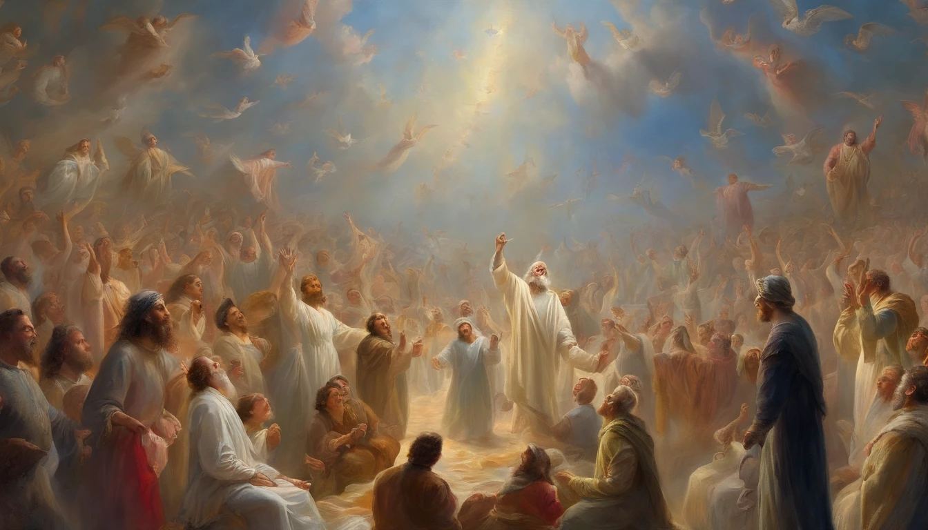 The Rapture ,Thousands of people are floating in the air,Standing on the clouds, Thousands of people are dressed in white, Raise your hands and sing hymns to praise God. The scenes are magnificent and surreal. (Best Quality, 4k, 8K, high resolucion, Masterpiece:1.2), Ultra-detailed, (realisitic, Photorealistic, Realistis:1.37), portrait of a, Vivid colors, studio lit, Sharp focus, physics based rendering, extreme detail description, Biblical Topics, grand ambience, radiant light.