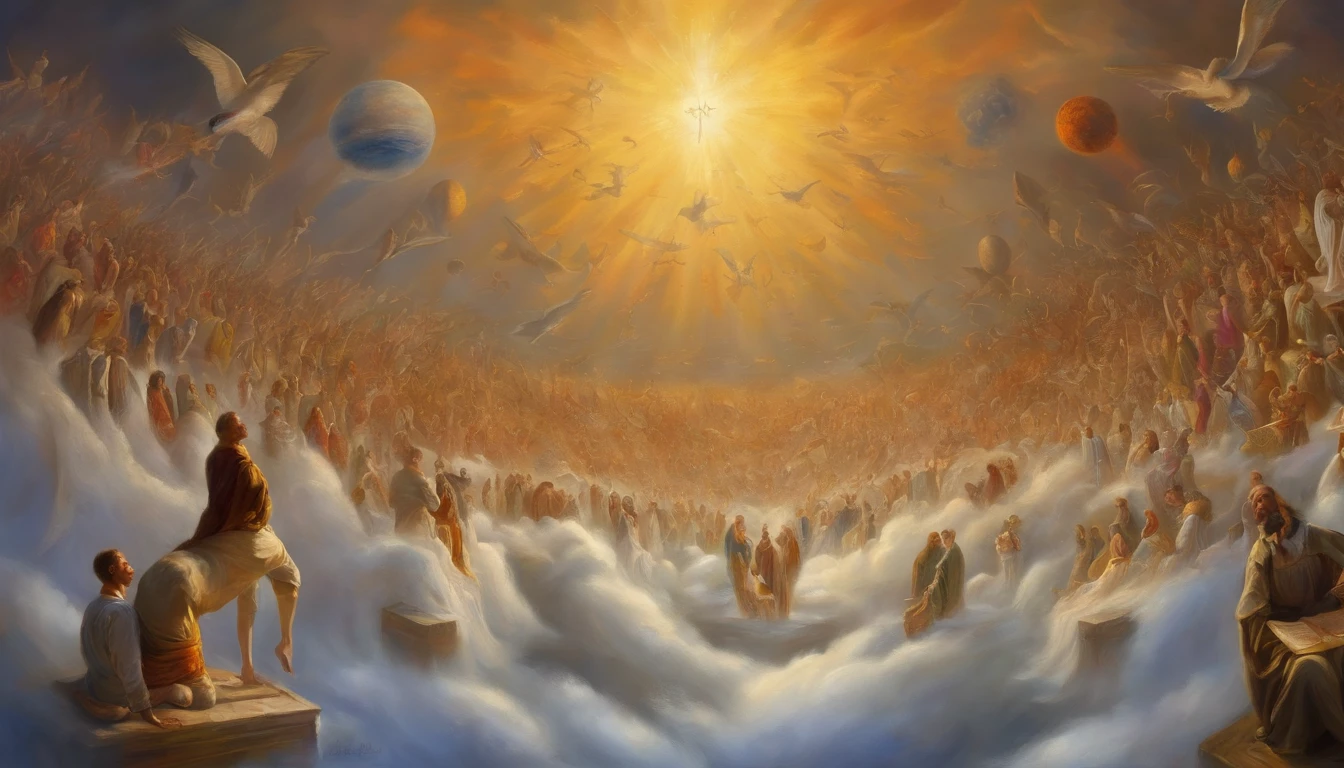 The Rapture ,Thousands of people are floating in the air,Standing on the clouds, Thousands of people are dressed in white, Raise your hands and sing hymns to praise God. The scenes are magnificent and surreal. (Best Quality, 4k, 8K, high resolucion, Masterpiece:1.2), Ultra-detailed, (realisitic, Photorealistic, Realistis:1.37), portrait of a, Vivid colors, studio lit, Sharp focus, physics based rendering, extreme detail description, Biblical Topics, grand ambience, radiant light.