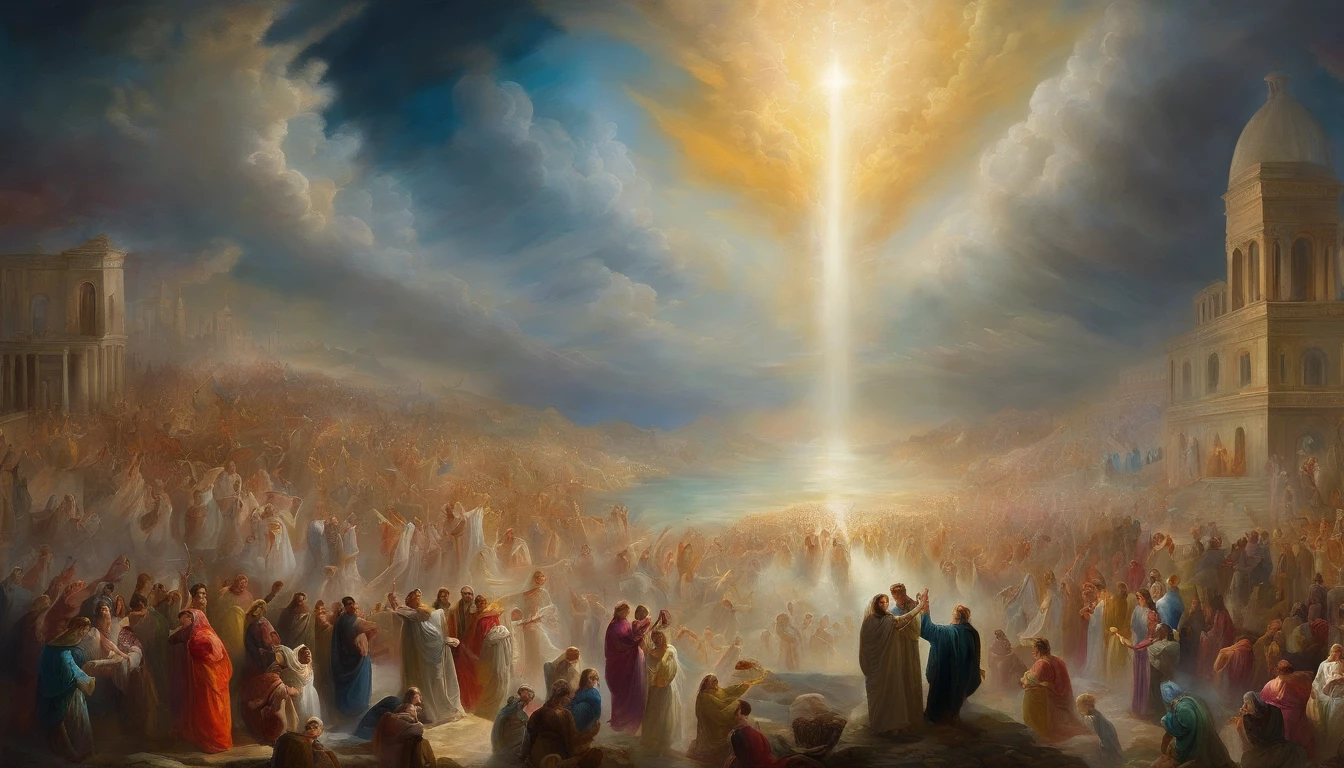 The Rapture ,Thousands of people are floating in the air,Standing on the clouds, Thousands of people are dressed in white, Raise your hands and sing hymns to praise God. The scenes are magnificent and surreal. (Best Quality, 4k, 8K, high resolucion, Masterpiece:1.2), Ultra-detailed, (realisitic, Photorealistic, Realistis:1.37), portrait of a, Vivid colors, studio lit, Sharp focus, physics based rendering, extreme detail description, Biblical Topics, grand ambience, radiant light.