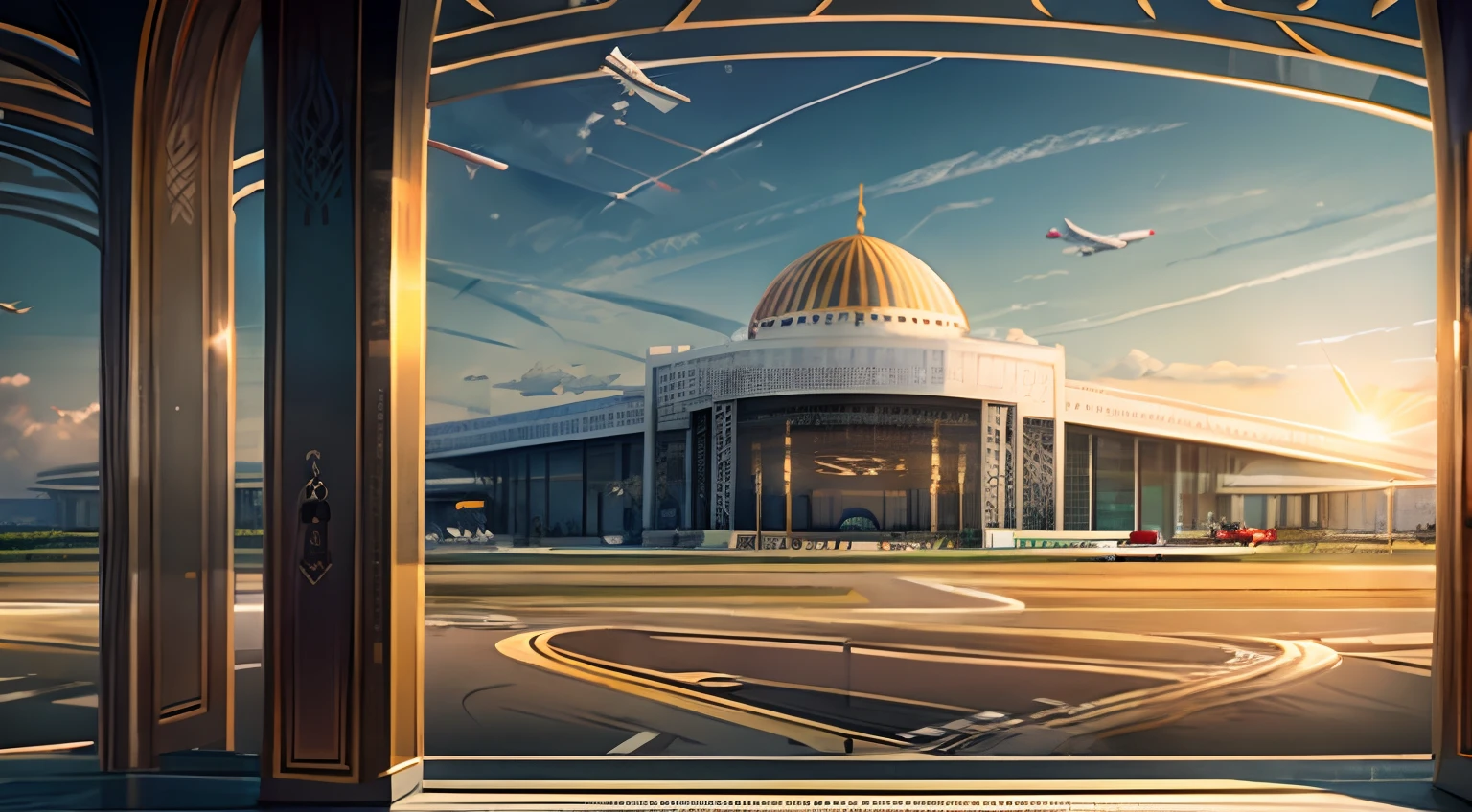 AIRPORT IN ARABIC STYLE, EASTERN hi-TECH, BEAUTIFUL DECORATION, , VIEW FROM A FAR