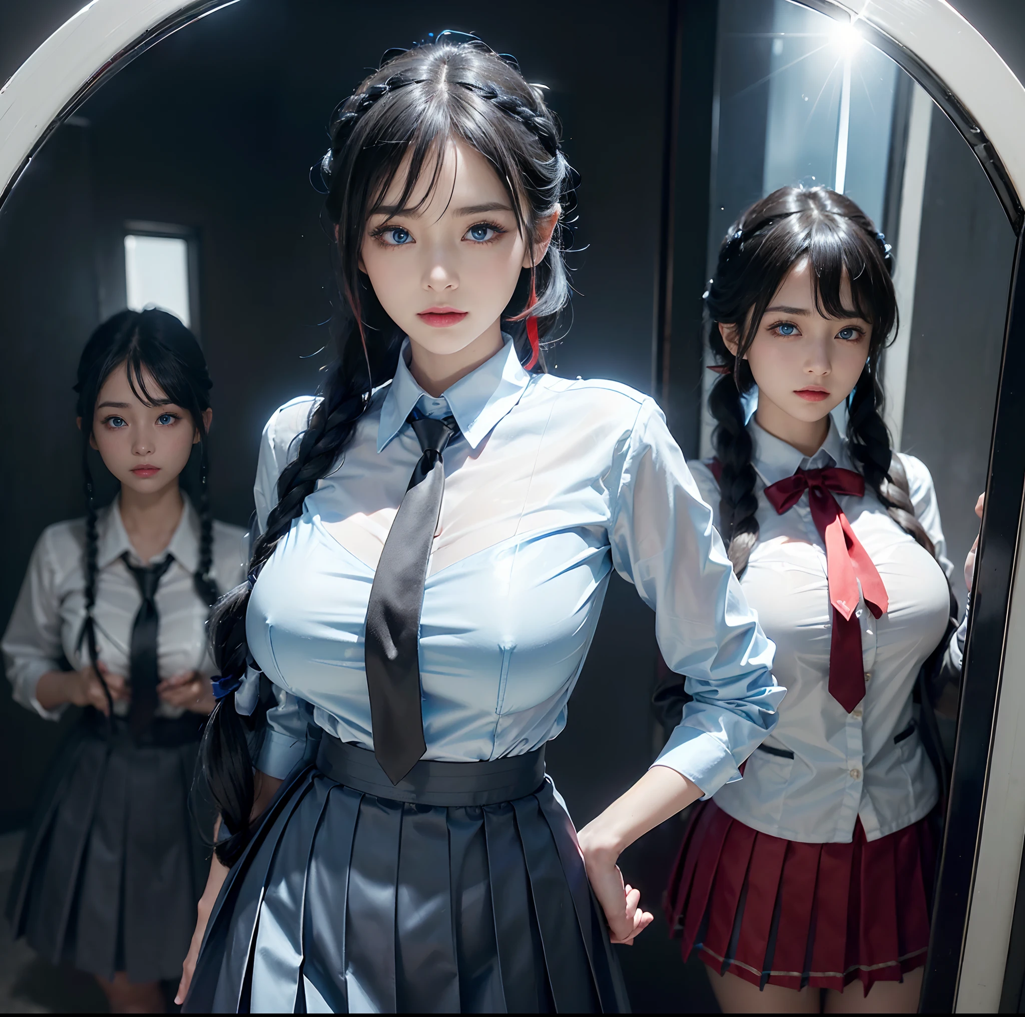 top-quality、 ​masterpiece、(Professional lighting without shadows)、 A hyper-realistic、 Bewitching、 perfect anatomia、 Two girls, (Girl proudly standing in front of camera shows off schoolgirl uniform、Another girl on the other side、Bend over and stick your butt out towards the camera), ( Huge breasts:1.2), (Bright and even whitening skin without wrinkles and steps), (Bright beautiful blue eyes with long black eyelashes and red tear bags reflected light:1.5)、 (Braided half-up hair with bangs:1.2), (Her outfit is、Dress up cramped schoolgirl uniform accurately:1.3), (Proudly showing off a crimson ribbon tie from the front:1.2), (Another girl on the other side、To beautifully emphasize the proud ultra mini pleated skirt、Showing off a pose with the buttocks exposed from directly behind:1.3), (Beautiful face squinting in dazzling light:1.4), ishiharasatomi, ssmile