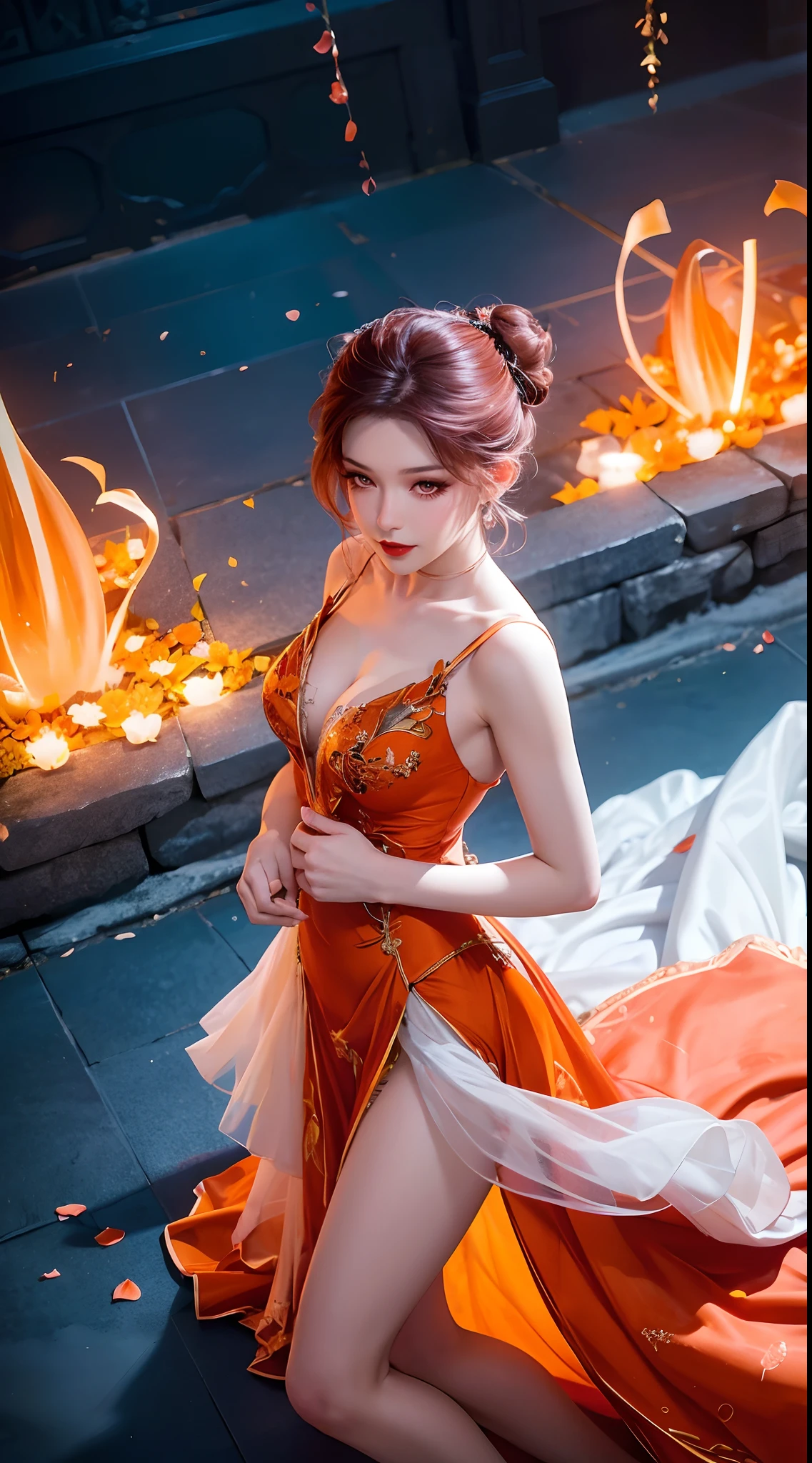 1girl, long hair, flower, Lisianthus, in the style of orange and light azure, dreamy and romantic compositions, orange, ethereal foliage, playful arrangements, fantasy, high contrast, ink strokes, explosions, over exposure, orange and white tone impression, abstract, attractive pose,,short hair,hair bun,