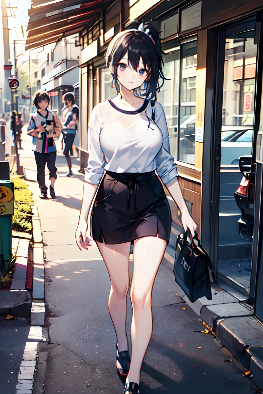 (Masterpiece, highest quality:1.3), High resolution, (game cg: 1.3),  35 years old, (Cute:1.3), slant eyes, Big Tits,Sporty figure, Ponytail, casual fashion, standing, in tokyo street, smaili, morning, natural light