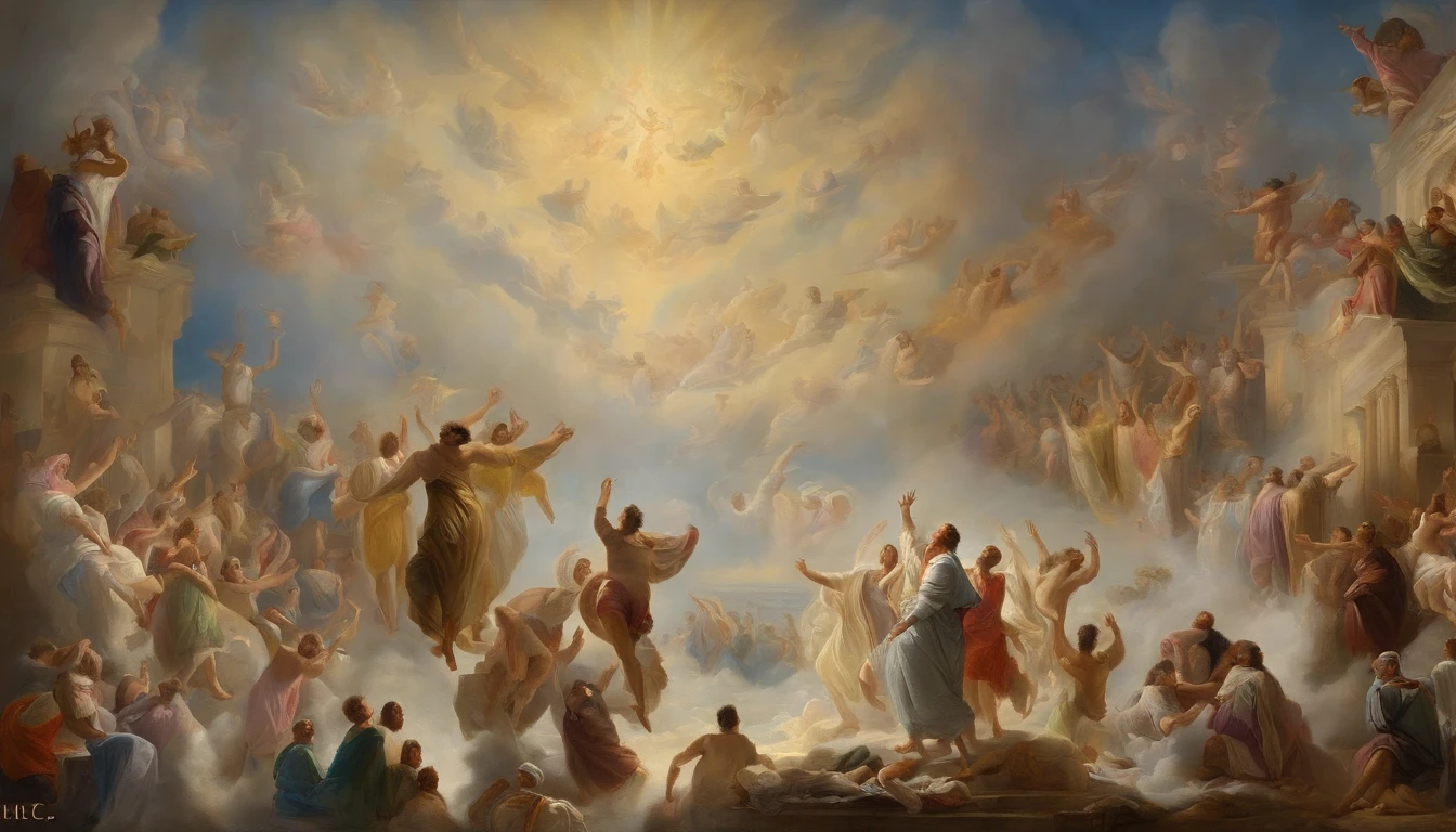 The Rapture ,Thousands of people are floating in the air,Standing on the clouds, Thousands of people are dressed in white, Raise your hands and sing hymns to praise God. The scenes are magnificent and surreal. (Best Quality, 4k, 8K, high resolucion, Masterpiece:1.2), Ultra-detailed, (realisitic, Photorealistic, Realistis:1.37), portrait of a, Vivid colors, studio lit, Sharp focus, physics based rendering, extreme detail description, Biblical Topics, grand ambience, radiant light.