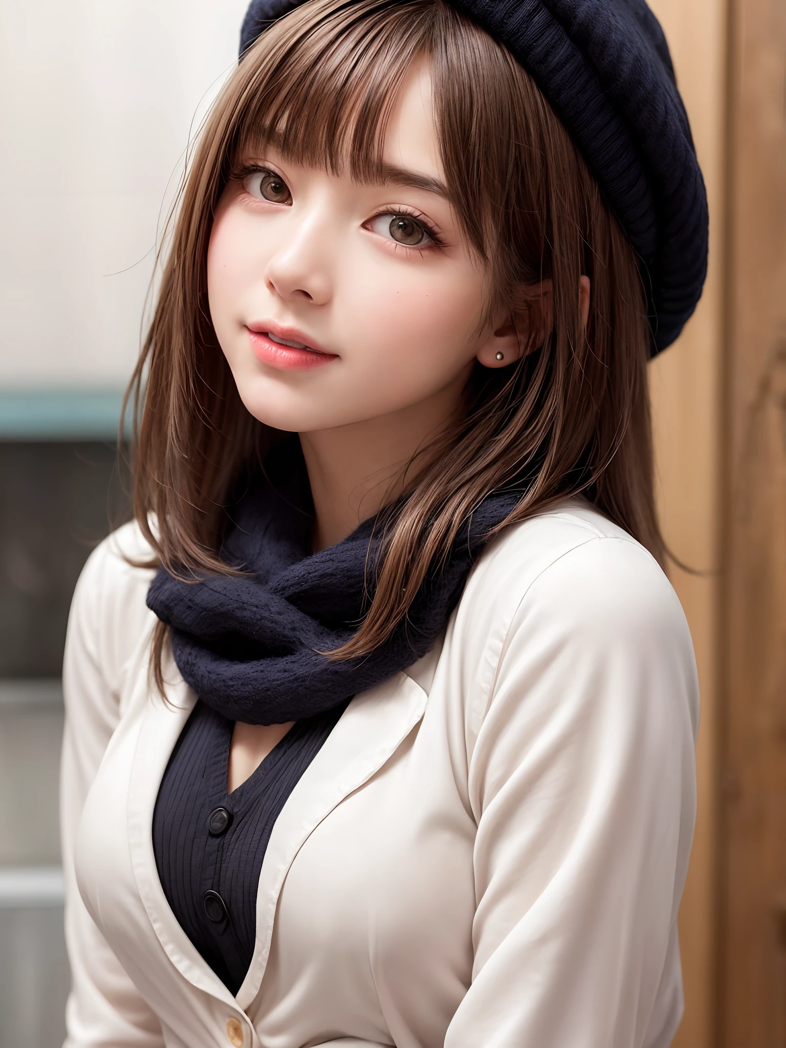 (masterpiece, top-quality、Very attractive adult beauty、Add intense highlights to the eyes、Look firmly at the camera),1girl in, 独奏, A dark-haired, scarf, Hats,, realisitic, looking at the viewers, black eyes of light color, shorth hair, coat, Winter clothes, White headscarf, s lips, lipgloss,bangss, The upper part of the body、big eye、Lashes)、((Road system in Italy))、((Shorthair with bangs、big eye、Put very strong highlights in your students、very Bigger breasts、gazing at viewer、Very beautiful beauty、Put your ears out、long neck、little smiling、Beautiful teeth、Open your mouth and smile))、28 year old、Very cute supermodel