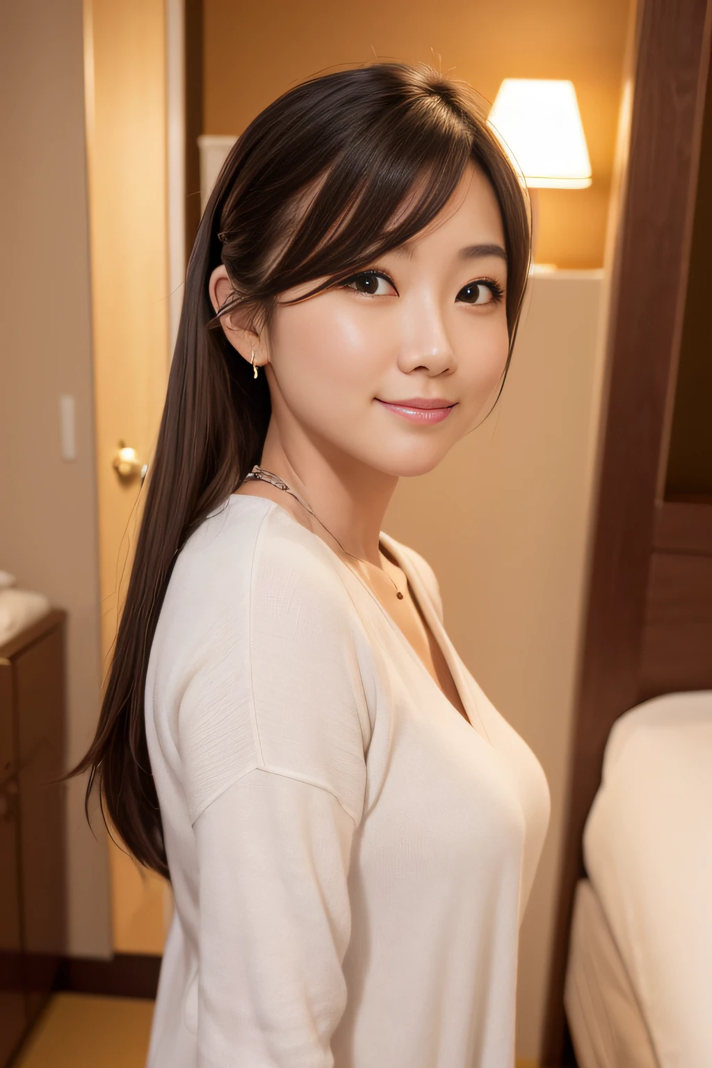 quality, masutepiece, 超A high resolution, (Photoreal: 1.4), Front view, Half body, western clothes, famous japanese actress, a very beautiful woman, Cute, Nice smile, Cinematic 35mm lens, F/1 .8, Accent Lighting, 8K, a room, Beautiful double eyes with equal left and right eyes, Hands down, poneyTail,hotels room