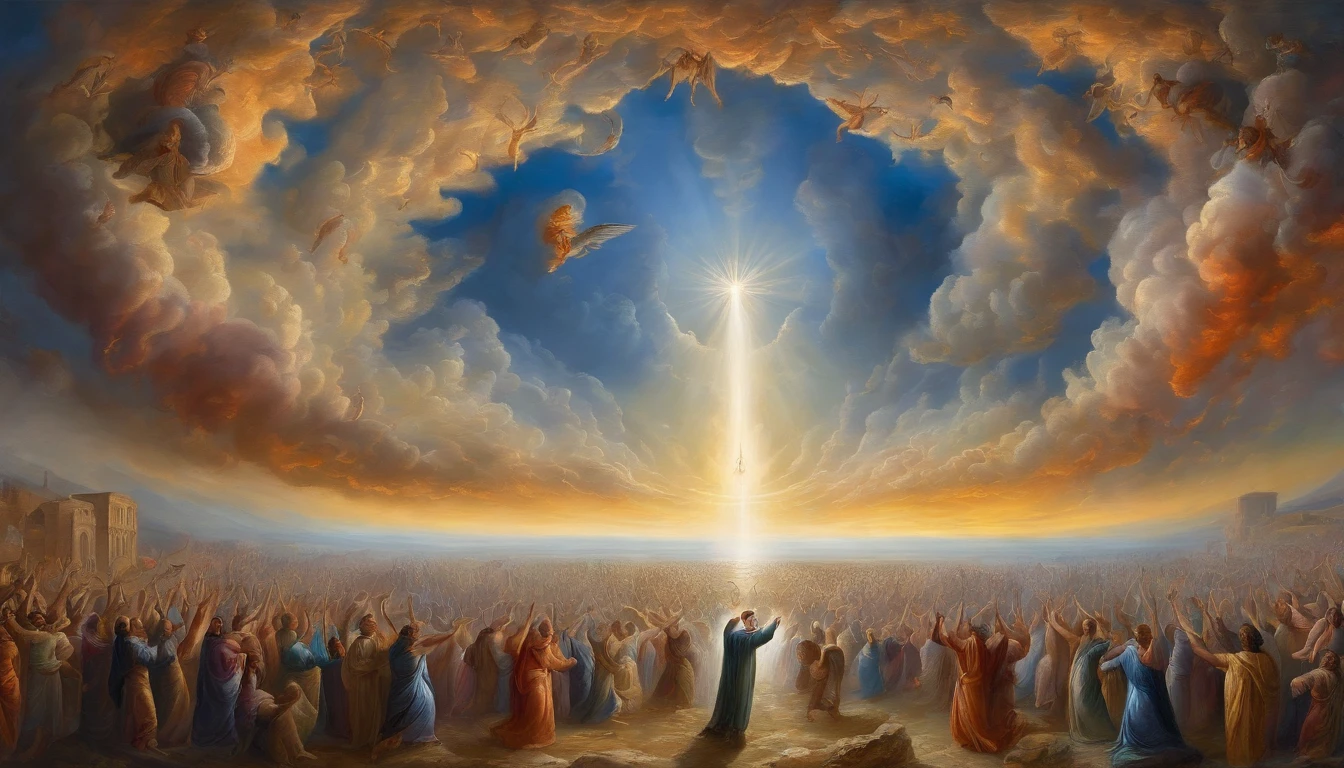 The Rapture ,Thousands of people are floating in the air,Standing on the clouds, Thousands of people are dressed in white, Raise your hands and sing hymns to praise God. The scenes are magnificent and surreal. (Best Quality, 4k, 8K, high resolucion, Masterpiece:1.2), Ultra-detailed, (realisitic, Photorealistic, Realistis:1.37), portrait of a, Vivid colors, studio lit, Sharp focus, physics based rendering, extreme detail description, Biblical Topics, grand ambience, radiant light.