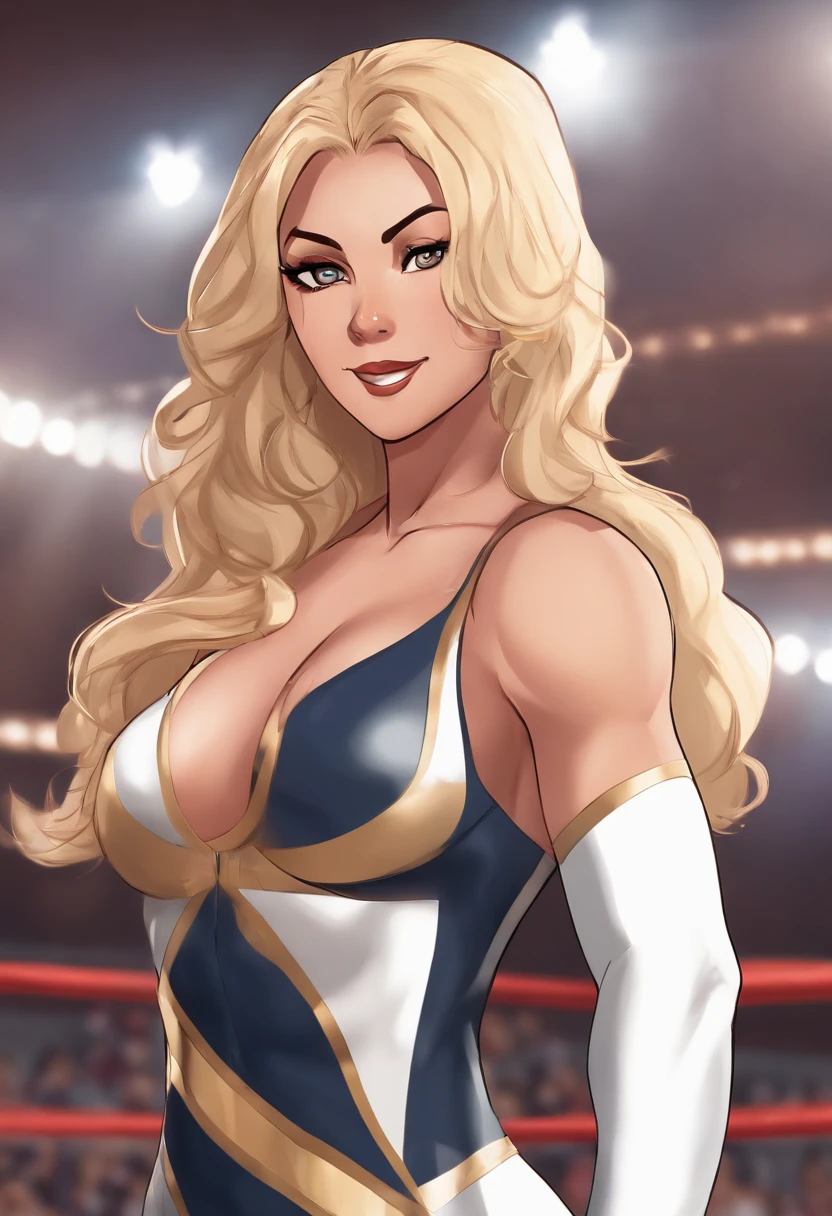curvy midsection, solo, 1 girl, female wrestler, ultra toned arms, smile, ), (detailed titration screen, upper body only, anime style: 1.8, anime drawing, ultra detailed face, ultra detailed body, 4k, Sumergai Lee Noriega, (standing), best quality, anime style, hires, highest definition, digital blending, bold drawing lines, ((wwe diva), (location: wrestling arena, crowds watching), ( pro female wrestler, slim body, (little biceps), , off-shoulders, closed fists, (very curvy: 2.8)), ((topless, nipples , shorts, white gloves, collar, arm band, (champion belt))), (pale skin, big breasts, widely open mouth, teeth), (big eyes, brown eyes, shiny eyes), (), (brown hair, loose hair, curly hair, wavy hair, long hair, missy hair), 27 years old, (crossed arms)