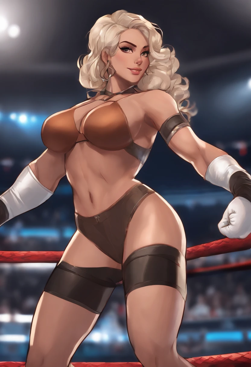 curvy midsection, solo, 1 girl, female wrestler, ultra toned arms, smile, ), (detailed titration screen, upper body only, anime style: 1.8, anime drawing, ultra detailed face, ultra detailed body, 4k, Sumergai Lee Noriega, (standing), best quality, anime style, hires, highest definition, digital blending, bold drawing lines, ((wwe diva), (location: wrestling arena, crowds watching), ( pro female wrestler, slim body, (little biceps), , off-shoulders, closed fists, (very curvy: 2.8)), ((topless, nipples , shorts, white gloves, collar, arm band, (champion belt))), (pale skin, big breasts, widely open mouth, teeth), (big eyes, brown eyes, shiny eyes), (), (brown hair, loose hair, curly hair, wavy hair, long hair, missy hair), 27 years old, (crossed arms)