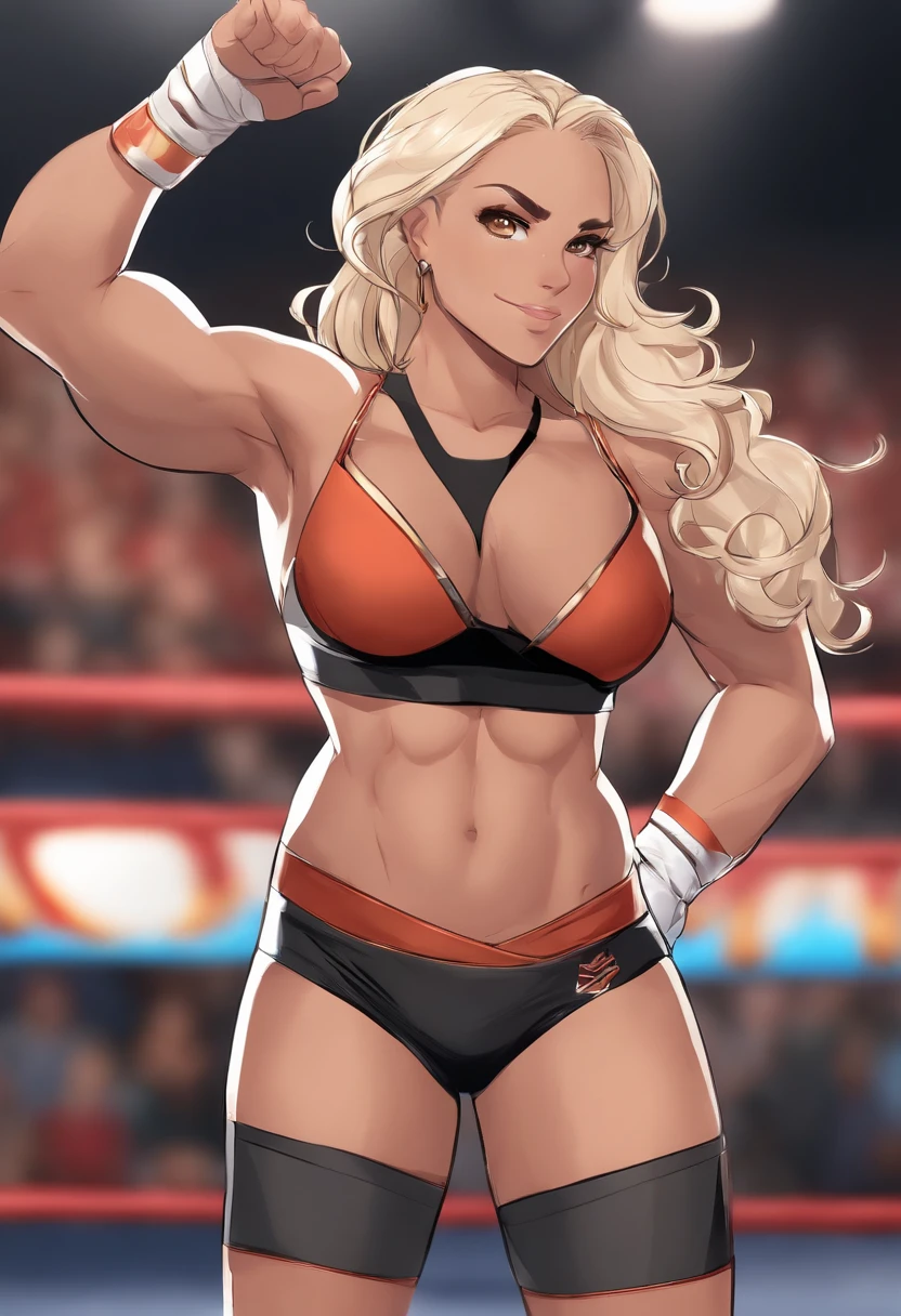 curvy midsection, solo, 1 girl, female wrestler, ultra toned arms, smile, ), (detailed titration screen, upper body only, anime style: 1.8, anime drawing, ultra detailed face, ultra detailed body, 4k, Sumergai Lee Noriega, (standing), best quality, anime style, hires, highest definition, digital blending, bold drawing lines, ((wwe diva), (location: wrestling arena, crowds watching), ( pro female wrestler, slim body, (little biceps), , off-shoulders, closed fists, (very curvy: 2.8)), ((topless, nipples , shorts, white gloves, collar, arm band, (champion belt))), (pale skin, big breasts, widely open mouth, teeth), (big eyes, brown eyes, shiny eyes), (), (brown hair, loose hair, curly hair, wavy hair, long hair, missy hair), 27 years old, (crossed arms)