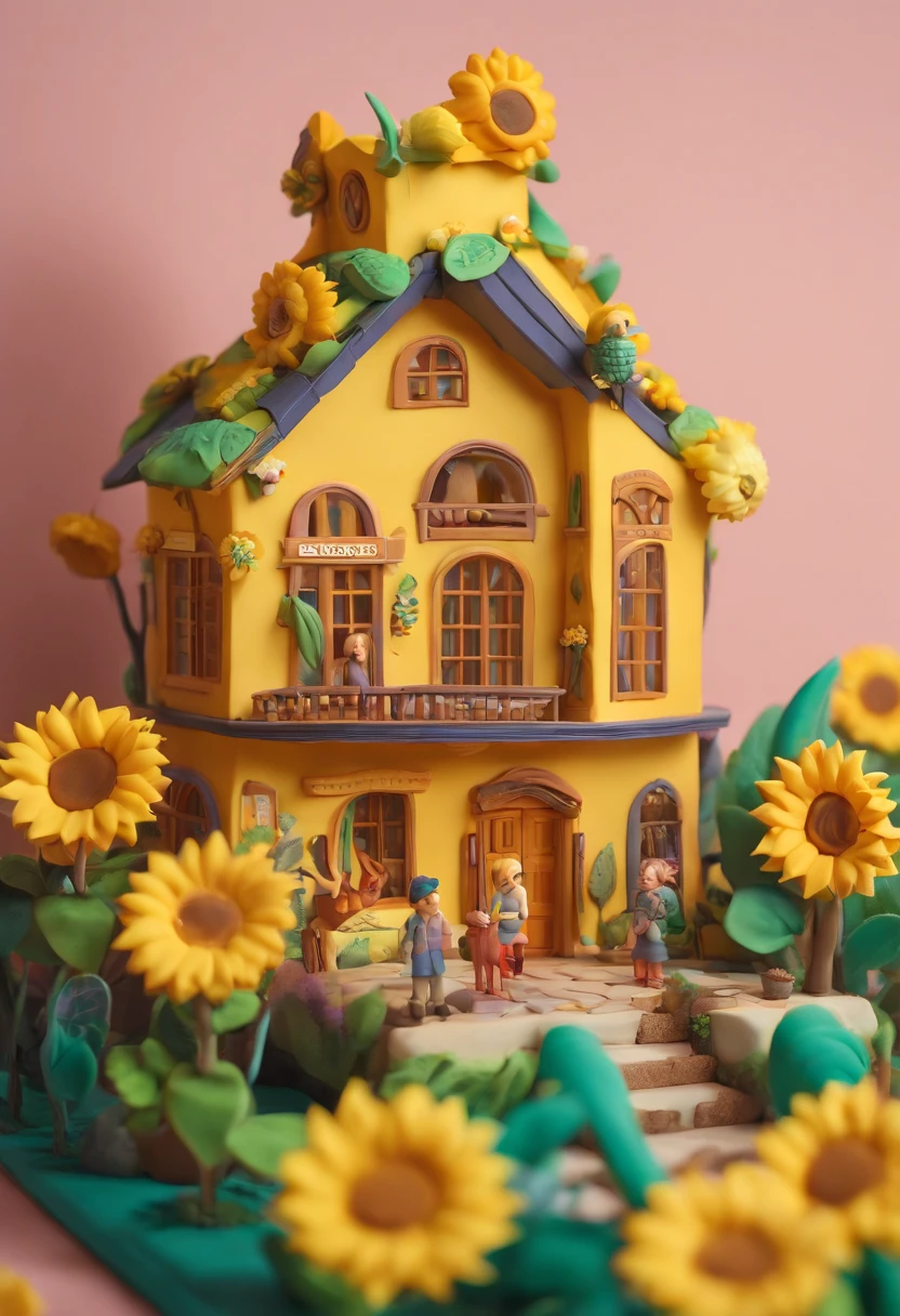 Sunflower House Gloria Studio, The garden is full of sunflowers, Clay material, Cartoonish design style, POP MART, Soft lighting, smooth lines, Tilt-shift lens, Detailed sci-fi illustrations, super realistic details, warm color