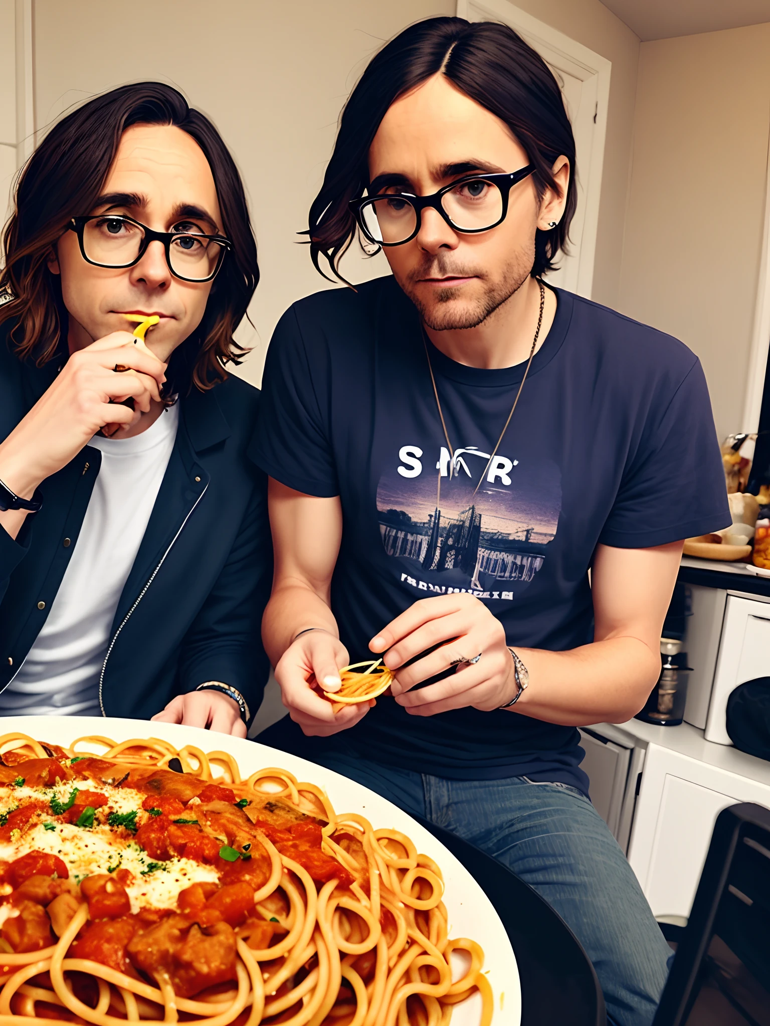 Rivers cuomo sharing spaghetti with Jared Leto