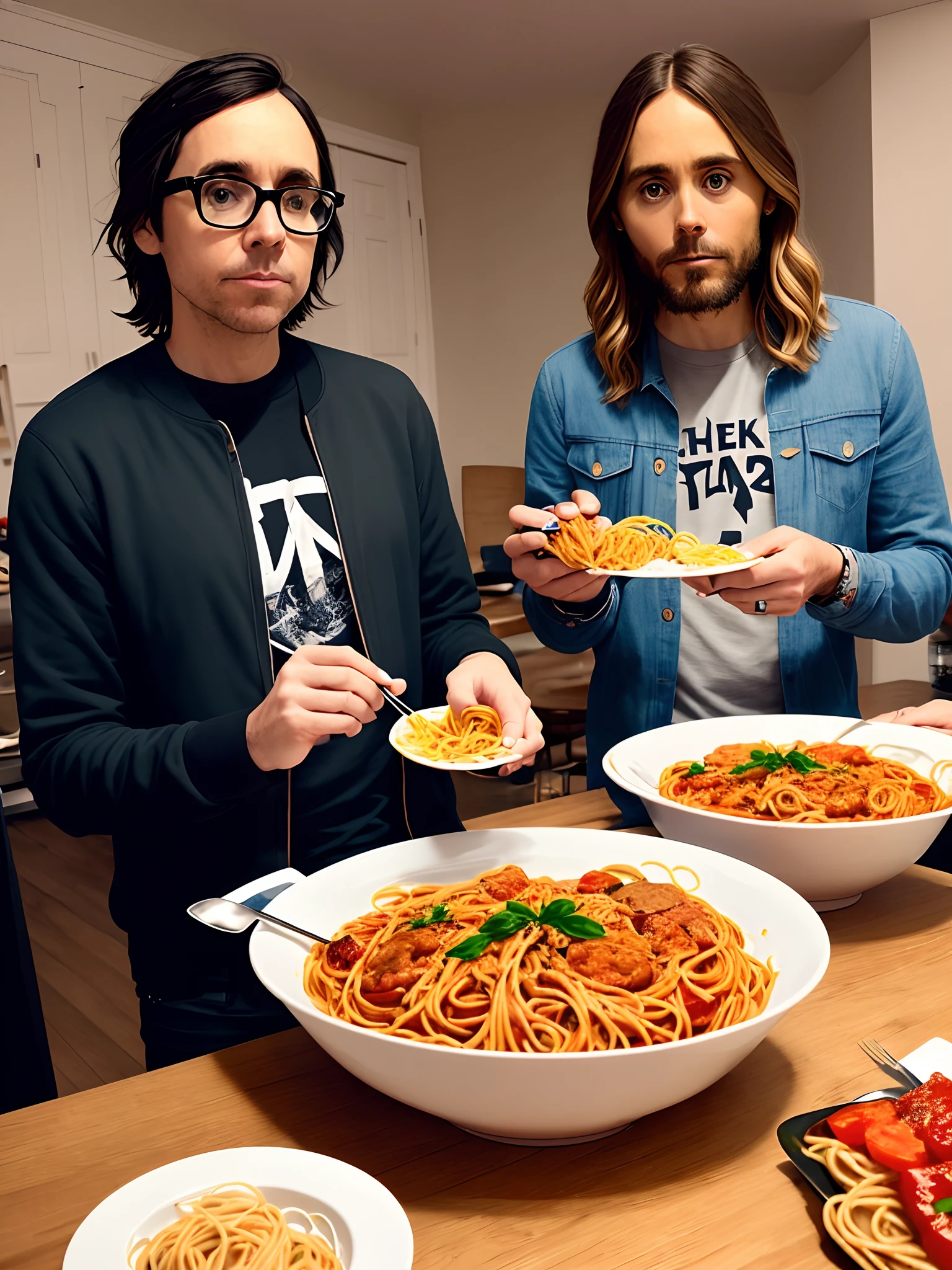 Rivers cuomo sharing spaghetti with Jared Leto