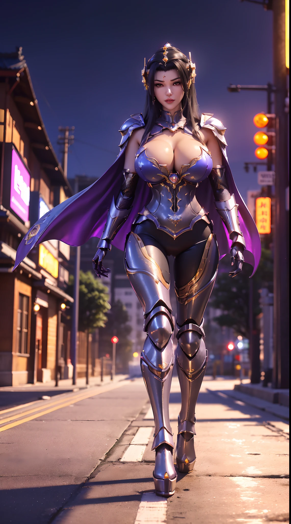 1GIRL, SOLO, (ssmile, makeup, beautifull eyes, red libs, gold ornament hair), (HUGE FAKE BOOBS:1.3), (GUARD ARM), (BLACK, PURPLE, IN FUTURISTIC DRAGON ARMOR, GIRL IN MECHA CYBER ARMOR, ROYAL CAPE, CLEAVAGE, SKINTIGHT YOGA PANTS, HIGH HEELS:1.4), (SLENDER BODY, SEXY LONG LEGS, FULL BODY:1.3), (LOOKING AT VIEWER:1), (WALKING DOWN ON STREET NIGHT CITY:1.3), PHYSICALLY-BASED RENDERING, ULTRA HIGHT DEFINITION, 8K, 1080P.