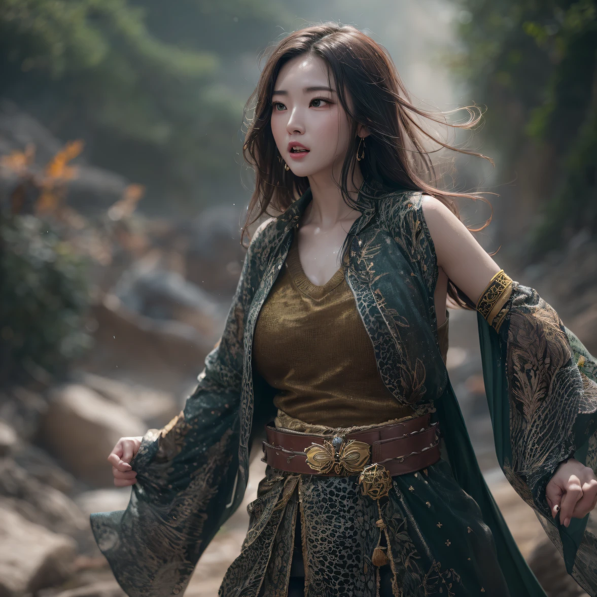 cinematic cgsociety,，Tropical canyon battle scene、Chinese big breasts、Quaint、three kingdom、ember、100 people、Telephoto vista（CG）、Intense CG battles、high detal、masuter piece、NSFW，Multi-layered long-sleeved gauze garment，Quick-dry vest，Linen sweater，Crocodile skin cape，golden shoulder pads, Silver hammer pattern cape, Burgundy body hair，Water vapor female spy，Shower buttocks green fruit milk jelly flat chest，Pine silk fish net knee brace space dance，Hexagonal prism，Put on a sprinkling gold pineapple knife，extremely happy，Zhou Dongyu（Tropical canyon battle scene）（（Scenes））