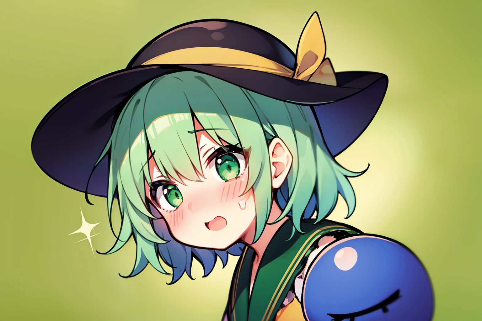 1girl in, beautiful countenance、komeiji koishi, Petite, blushed face、Glowing green eyes、、long-sleeve、symple background、short-hair