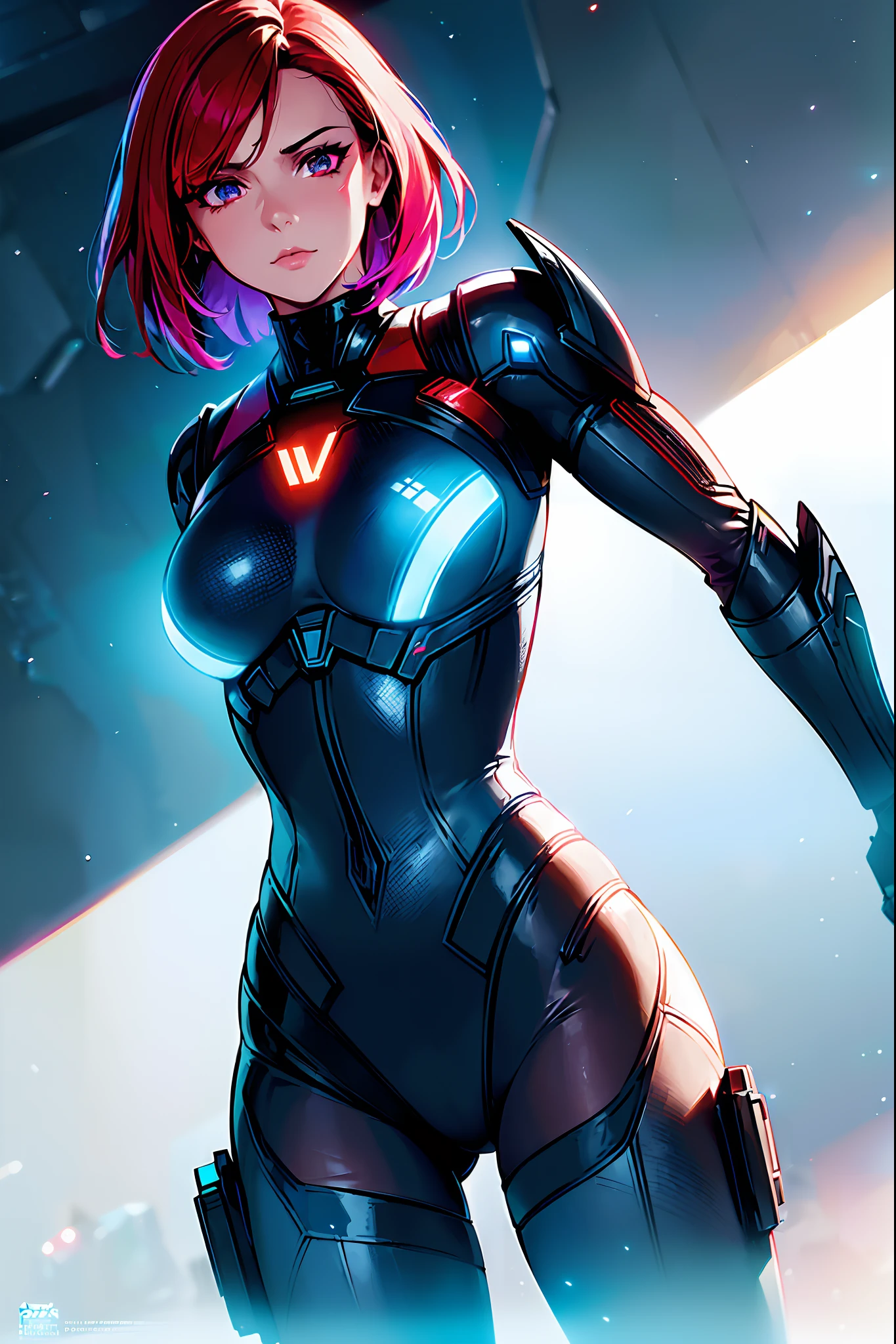 (Perfect Quality), (neon lights), a closeup of a, ((1 woman), Female Commander Shepard from Mass Effect, Redhead, athletic, beatiful face),( walks through the city), (Hands Behind Your Back), (Battle armor), ( Nebula in the background)