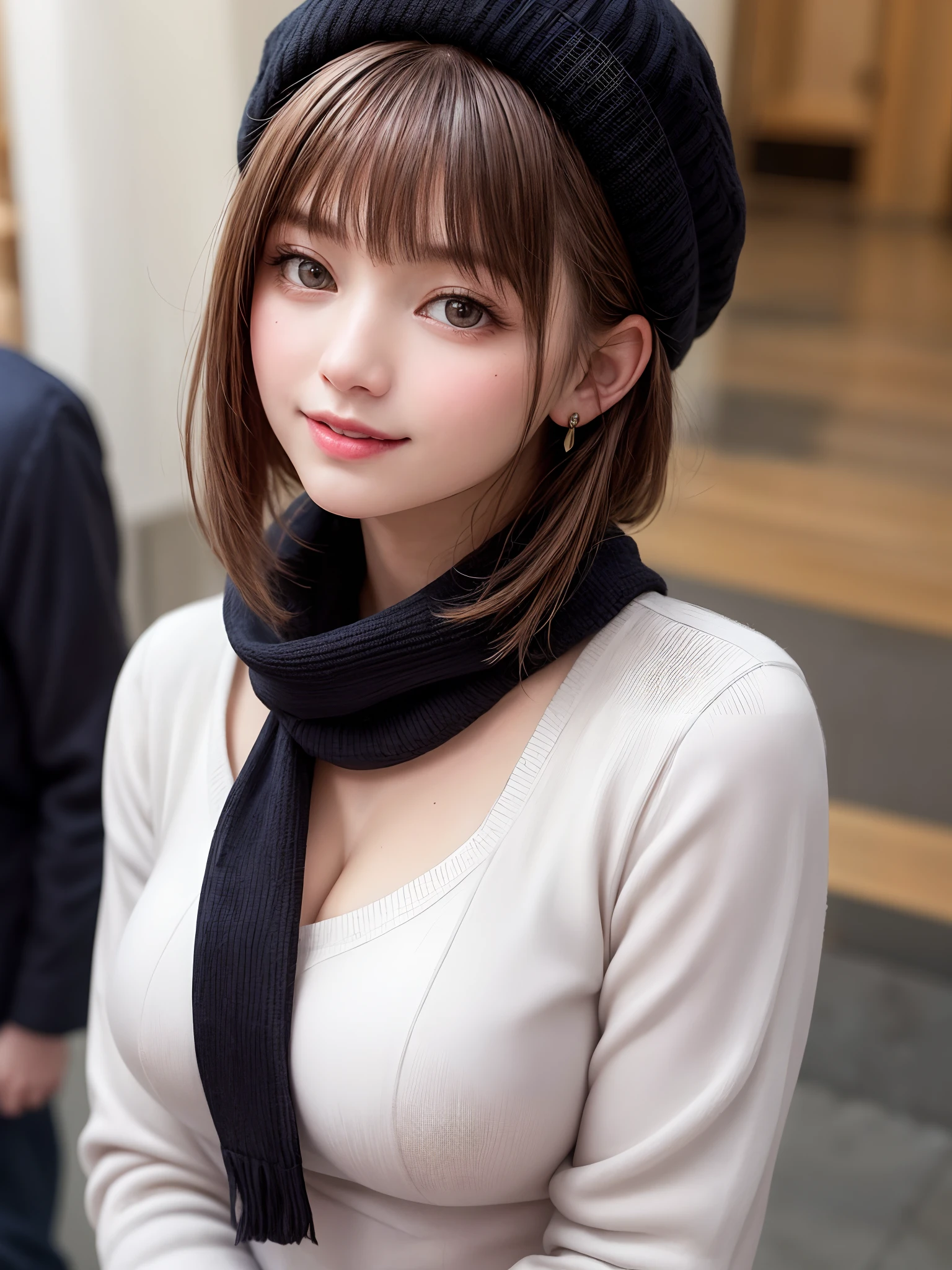 (​masterpiece, top-quality),1girl in, 独奏, A dark-haired, scarf, Hats, realisitic, realisitic, looking at the viewers, black eyes of light color, Brunette Short Bob Hair, Brown coat, Winter clothes, White headscarf, s lips, bangss, plein air, a closed mouth, The upper part of the body、big eye、Beautiful view of Lassi with sparkling snow))、(((short bob hair with bangs、Lustrous hair、big eye、large full breasts、Intense highlighting of the eyes、gazing at viewer、Beautiful beauty、Put your ears out、long neck、little smiling、Close your mouth and smile、Ideal ratio body proportions)))、{Gigantic|Big|Huge|Mega} breasts, cleavage