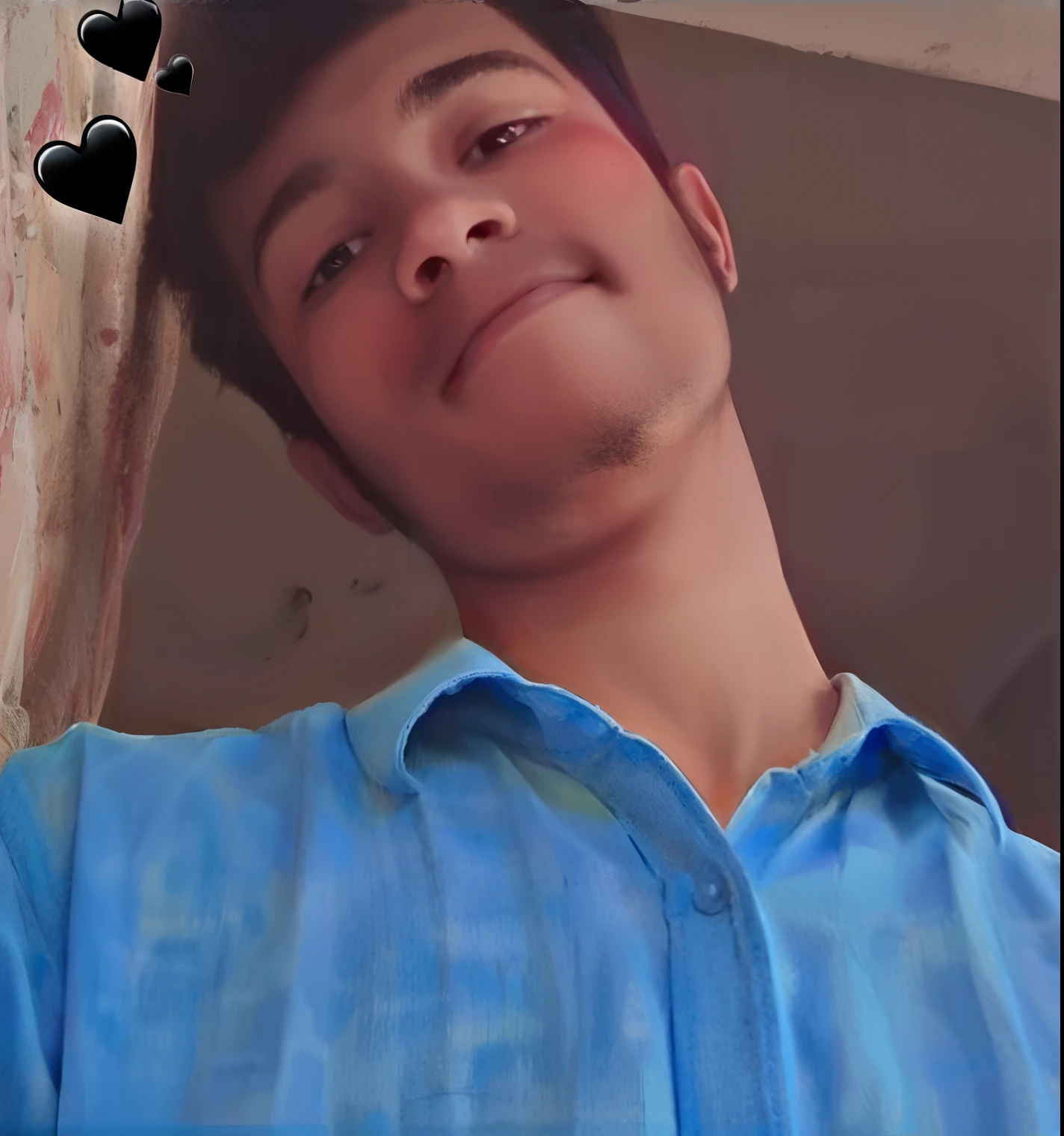 there is a man that is standing up with a cell phone, around 1 9 years old, portait photo profile picture, selfie photo, ayan nag, with accurate face, with a beautifull smile, profile pic, facebook profile picture, candid picture, very very low quality picture, picture, roshan, vastayan, profile picture 1024px, old picture