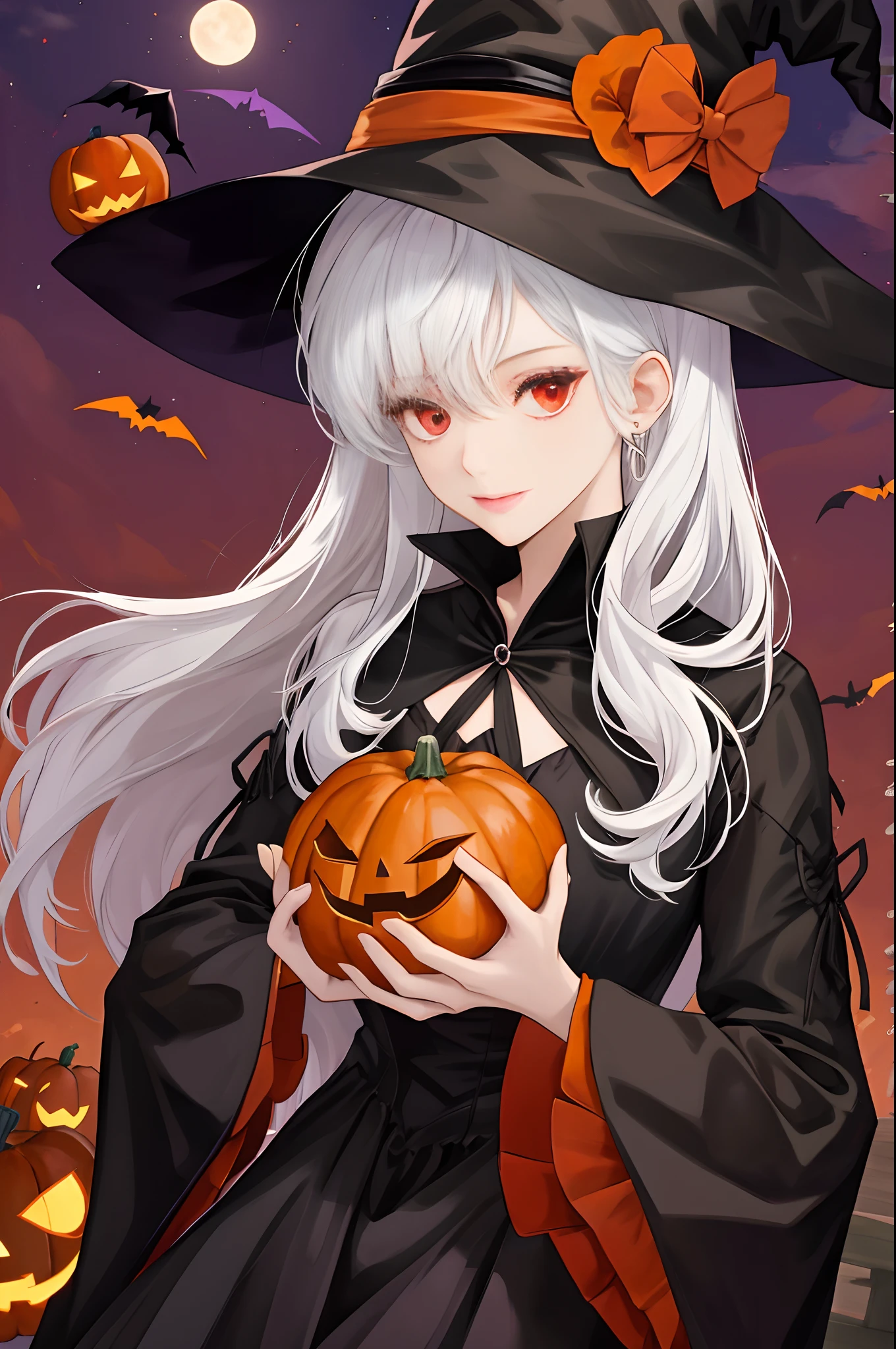 There's a woman in a witch costume holding two pumpkins, a witch hat, a witch outfit, a black outfit, white hair, Halloween night background, red eyes, a pretty girl