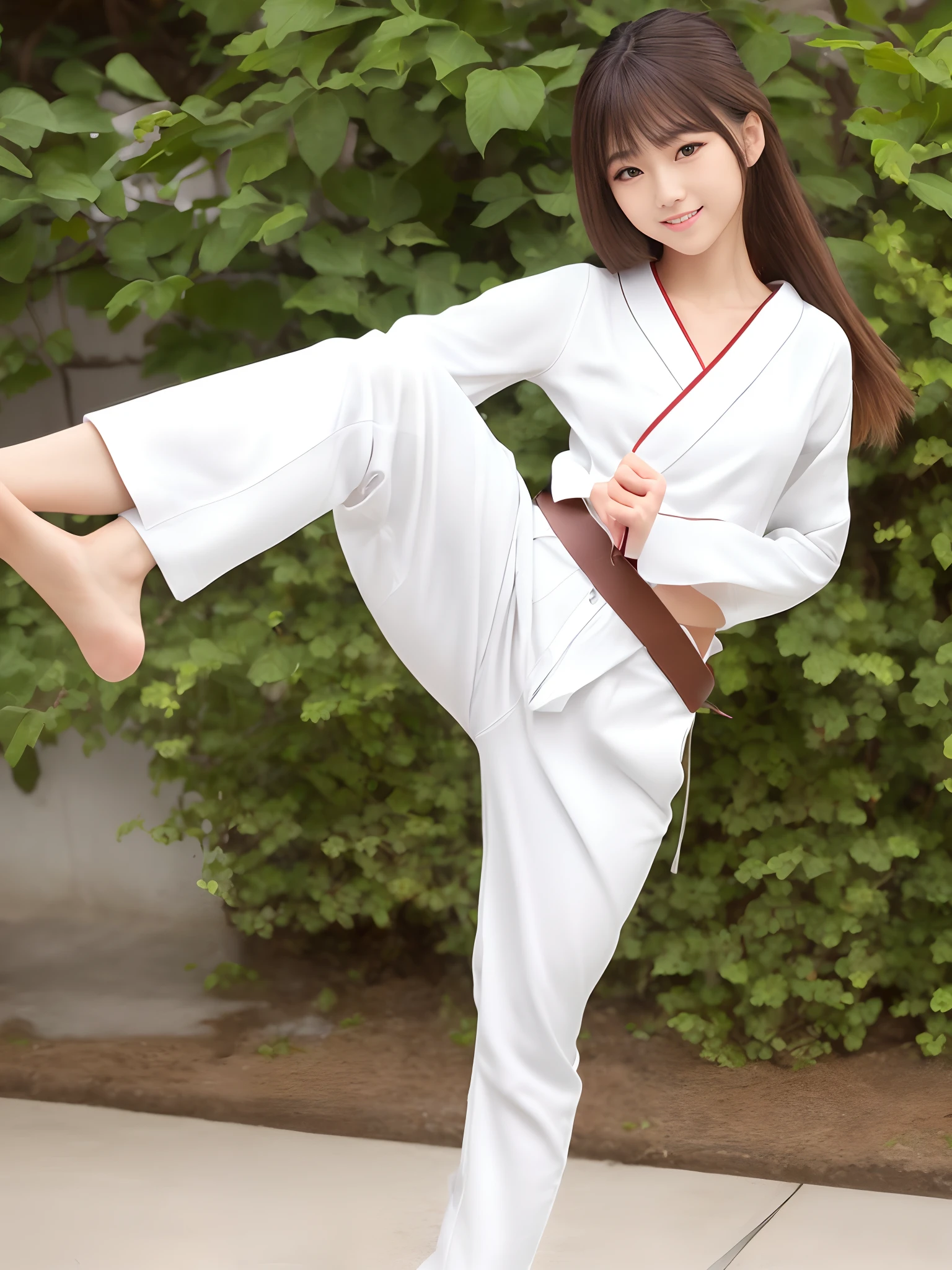 (Photorealsitic)(), Perfectly beautiful woman, (Full body 8K portrait), Large and dynamic hand and foot movements, White Karate Uniform, White karate pants, Large bust,Stand alone, Large and dynamic hand and foot movements, Make a high side kick, Correct skeleton, Perfect facial detail, (Smile: 1.15), attractive beautiful face, gazing at viewer, a small face, 二重まぶた, Beautiful detailed eyes, long eyeslashes, ligh brown hair, poneyTail, Toned waist, Beautiful thin legs, toned ankles, bare-legged ,TOKYOcty