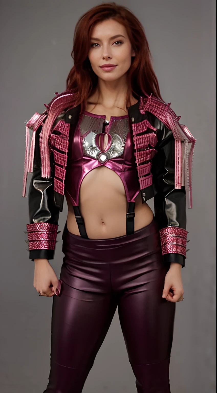 une femme rousse avec des cheveux long, en tenue de cuir posant pour une photo, souriante , sharp silver armor fuchsia skin, Peau de fuchsia sous armure, Tenue complexe, hyper detailed, detailed body