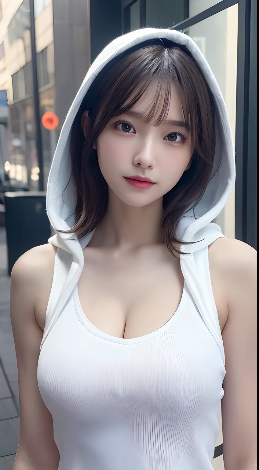 Innocent 20 year old girl、((White hoodie with open chest,Black Tank Top Inner,falda corta,Open from chest to stomach,Wearing a hood,Dramatic poses)),Smile,short-cut,Background of parks in the city,Raw photo, (8K、top-quality、masterpiece:1.2)、(intricate detailes:1.4)、(Photorealsitic:1.4)、octane renderings、Complex 3D rendering ultra detail, Studio Soft Light, Rim Lights, vibrant detail, super detailing, realistic skin textures, Detail Face, Beautiful detail eyes, Very detailed CG Unity 16k wallpaper, make - up, (detailedbackground:1.2), shinny skin, Full body、((From head to thigh))、cleavage of the breast,((The whole body is reflected))