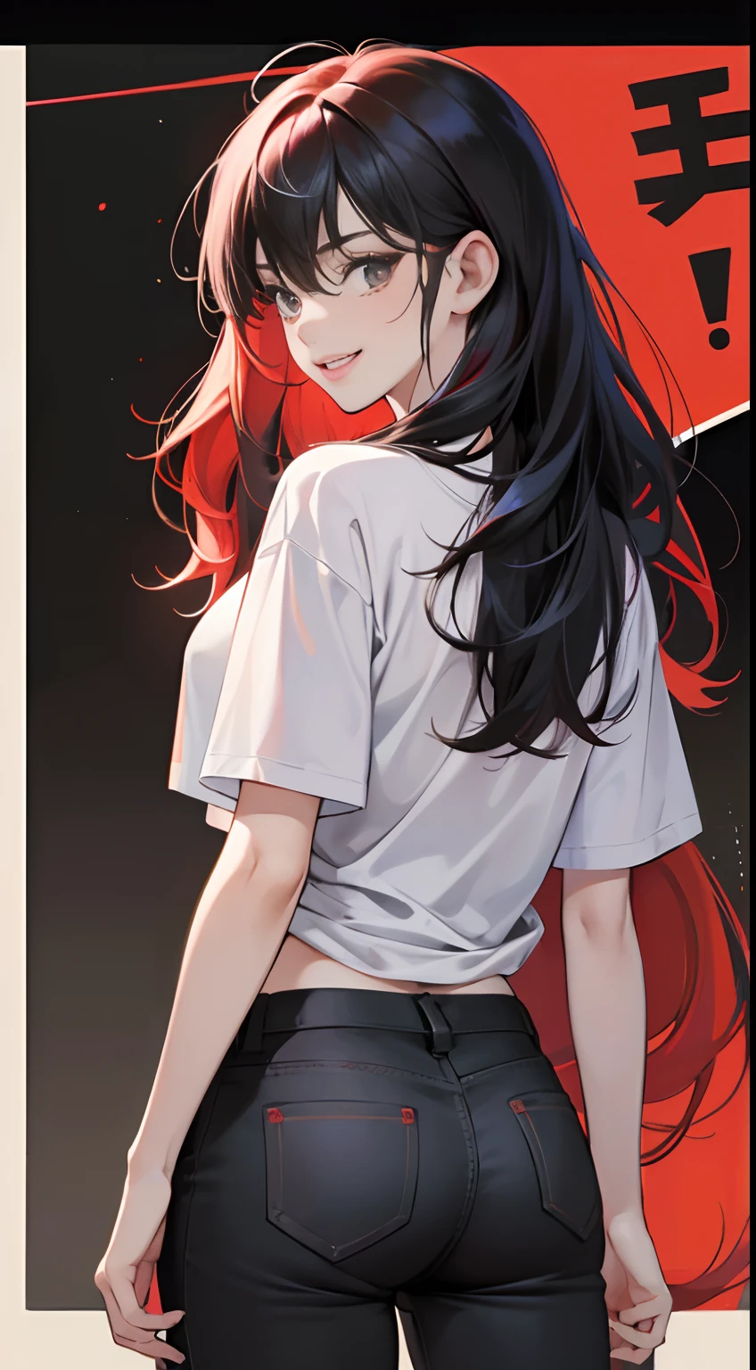 (Best Quality,4K,High resolution), girl with, Red mesh hair on black hair, Long straight hair, sharp eye, Smile refreshingly, Oversized T-shirt,half-pants,Comical appearance,noisy,rampage,comic strip,animesque,Comical illustration,Geshen background,Deformed cute illustration,Compact size,facing back、Rear Camera Angle