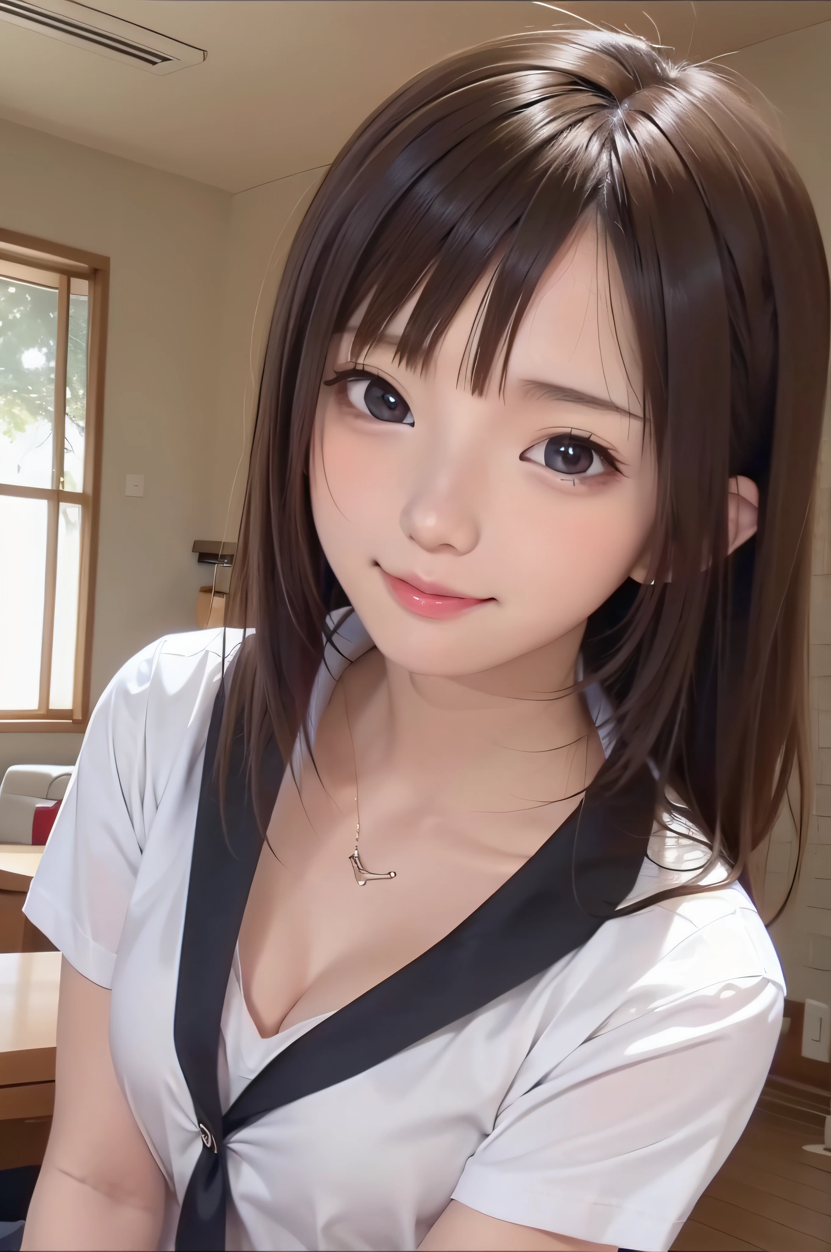 sixteen years old、brown haired、beautidful eyes、real looking skin、hi-school girl、small tits、Smaller chest、(8K、​masterpiece)、(reallistic、Photorealsitic)、top-quality、ighly detailed、The ultra-detailliert、Beautie、cute little、japanes、idol、a smile、Close-up portrait、Healthy face