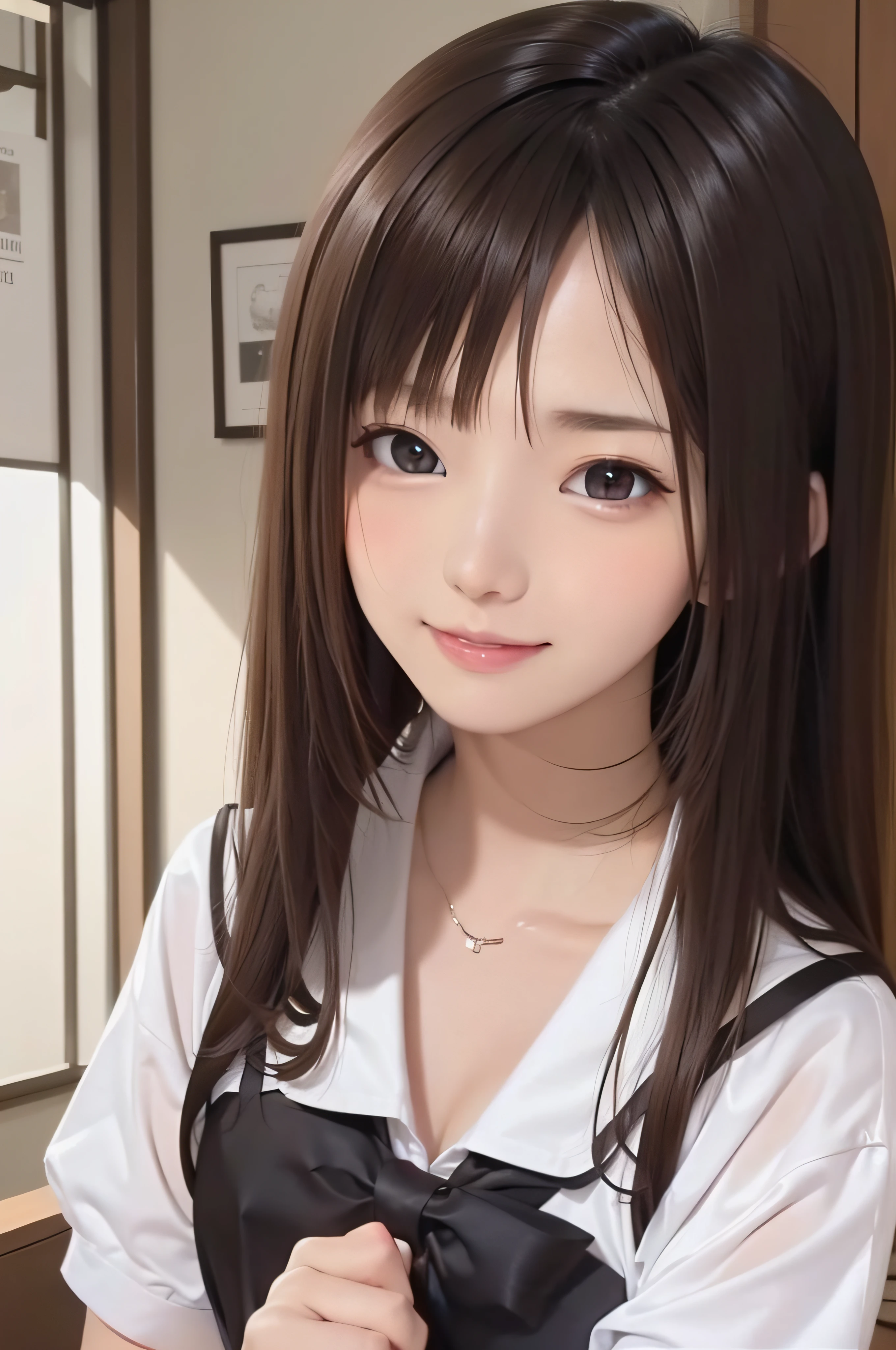 (Background white、White background、The background is all white)、17 age、brown haired、beautidful eyes、real looking skin、hi-school girl、a sailor suit、small tits、(8K、masterpiece)、(reallistic、Photorealsitic)、top-quality、ighly detailed、The ultra-detailliert、Beautie、cute little、japanes、Idol、a smile、ssmile、Close-up portrait、Healthy face