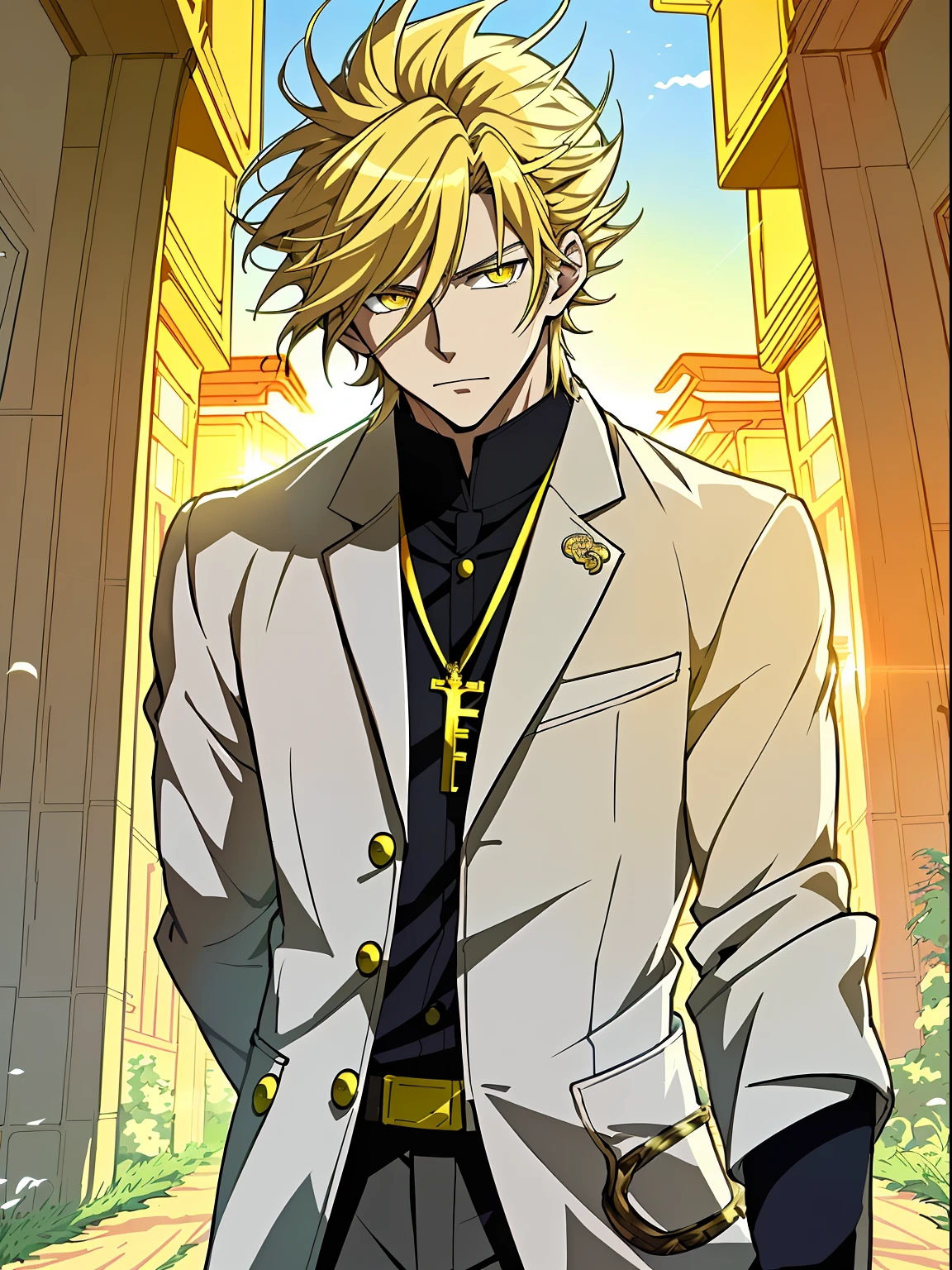 Anime boy in rye field with sunrise background, Anime handsome man,Blonde hair,yellow cat eyes,White trench coat,White color blouse,Golden decoration, Anime portrait of a handsome man,holy rays,With a sense of sacredness,Official illustration, offcial art, young anime man, Key anime art, Smooth anime CG art, Handsome anime pose