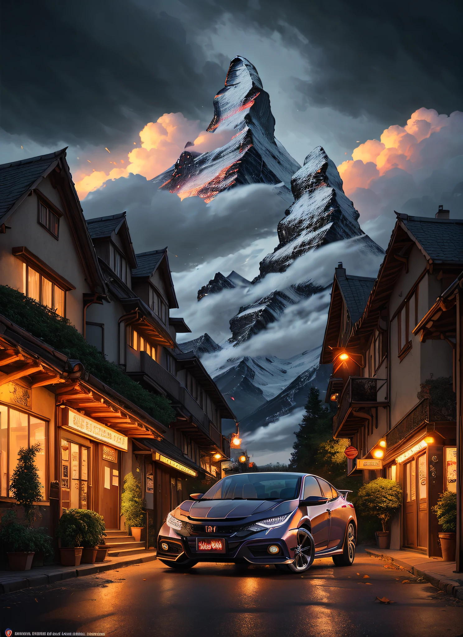 Art by Greg Rutkowski and Artgerm， posh， lumber， falling leaf， iintricate、Highly detailed view of the Matterhorn city at night， Honda cars，Civic Honda car， Wind， slow motion， From the front， concept art illustration， Thick volumetric clouds，Realisticstyle，High-definition large image，