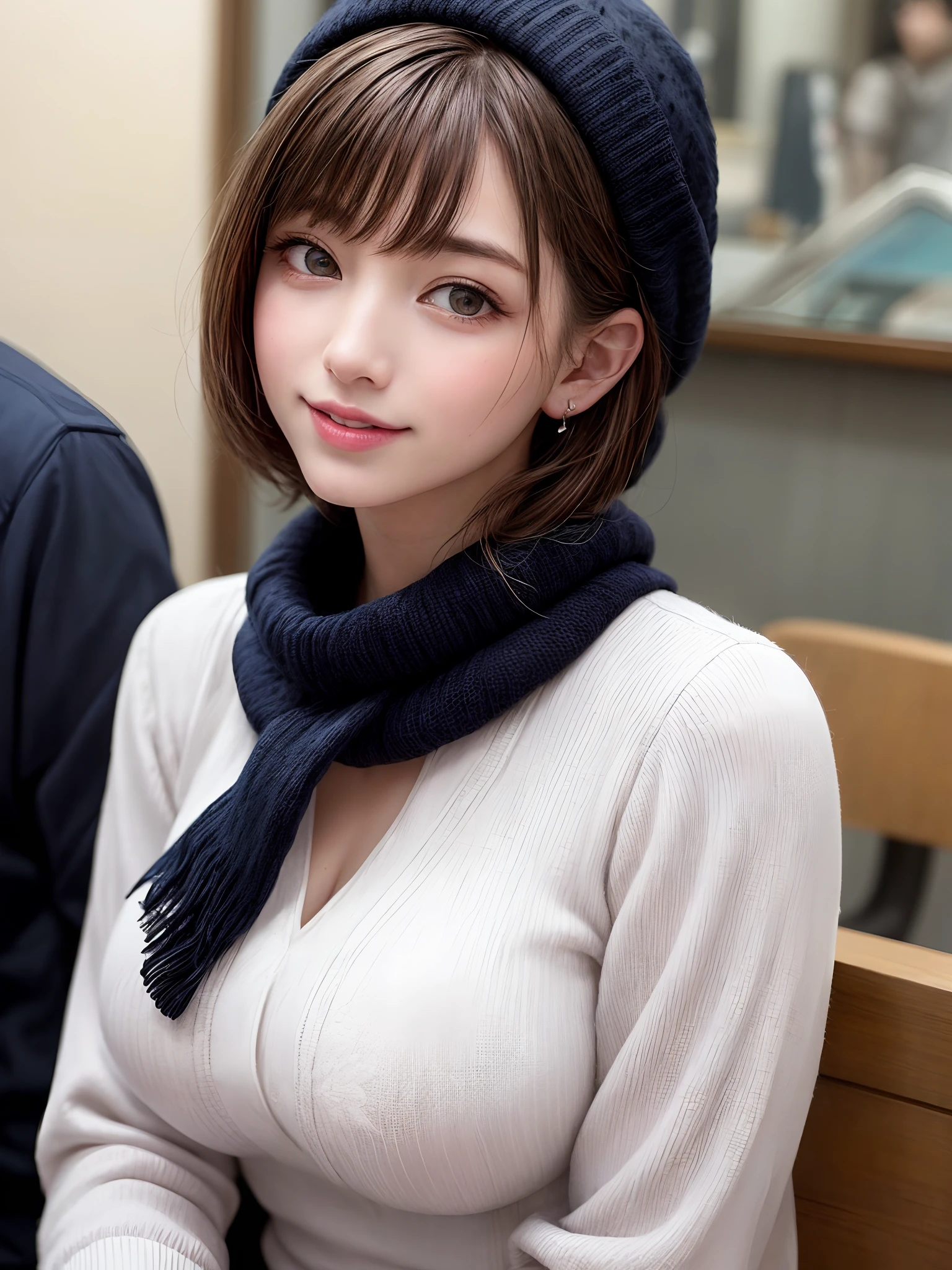 (masterpiece, top-quality、Very attractive adult beauty、Add intense highlights to the eyes、Look firmly at the camera),1girl in, 独奏, A dark-haired, scarf, Hats,, realisitic, looking at the viewers, black eyes of light color, shorth hair, coat, Winter clothes, White headscarf, s lips, lipgloss,bangss, The upper part of the body、big eye、Lashes)、((Road system in Italy))、((Shorthair with bangs、big eye、Put very strong highlights in your students、very Bigger breasts、gazing at viewer、Very beautiful beauty、Put your ears out、long neck、little smiling、Beautiful teeth、Open your mouth and smile))、28 year old、Very cute supermodel