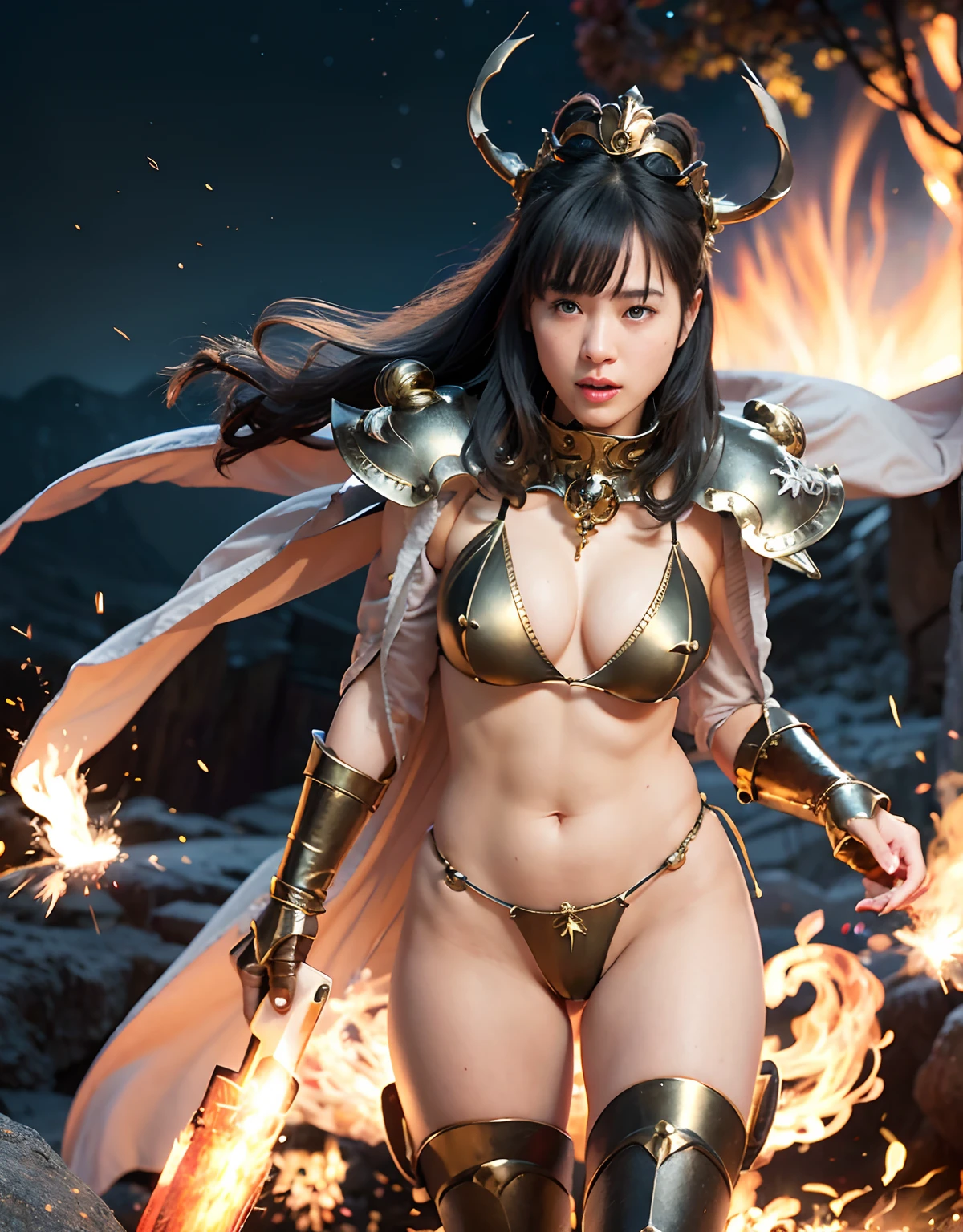 Professional , masterpiece、top-quality、photos realistic , 、top-quality、超A high resolution、(Photorealsitic:1.4)、Raw photo、depth of fields (Gemstone Gold Metal Body:1.9),(Matte White、Toostock、cleavage of the breast、(cleavage of the breast)、(((Micro Bikini Armor))),(Detailed Dragon Armor)、(Have the strongest weapon)、((Random Hairstyles 1.6),Dark Fantasy,)explosions、intense fighting、(Precipitous cliffs),Dragon Gold Weapon,Mystical expression、Particles of light、Fight dragons、(Detailed Dragon Helmet),Gorgeous Silver Weapons ,(( Dragon's dense and gorgeous sword)) , Beautiful knife ,warhammer 40k ,Detail and gorgeous crown、((Blue hair))、(Castle background)、、((Gangle's forest background))、Beautiful Caucasian beauty、1a person、dynamic ungle,(((With detailed shielding)))、Smaller head、A smile、Castle background、Thin and beautiful female hands、cleavage of the breast、Soldier in iron armor on background、Mystical expression、Light Effects、intense fighting、Wind-effect、magic circles、With the legendary magic wand、(demonic wings)、Toostock、