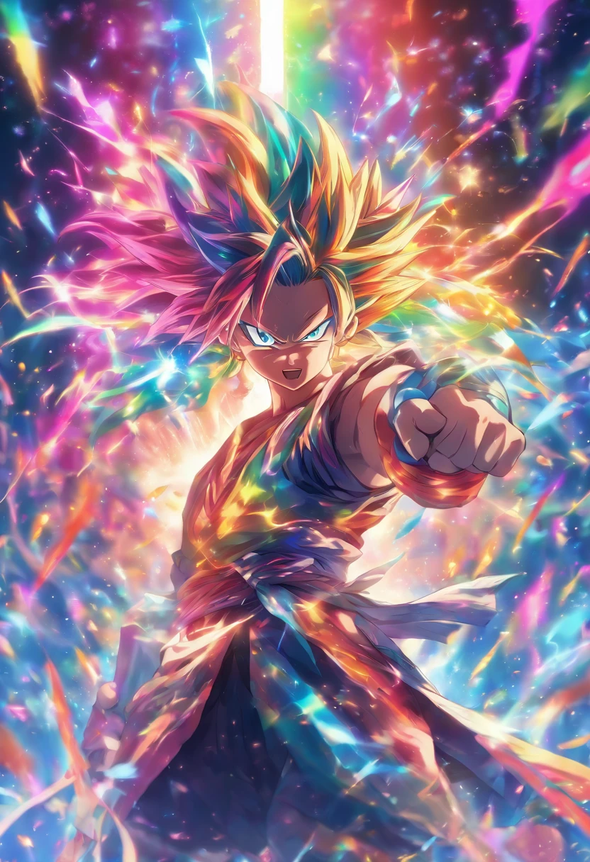 the sai shi hiliis holdinga rainbows sword.in the stvle of cvrilrolandocaptured light effectsintensely colorfulFiguration tatsuvuki tanaka..in the stvle ofcolorfulexplosions.rainbowcore.animatedenergy, full body, glitchy, kawacy., in the styleof colorful explosions,light leaks, psychedeliclustration,god rays,rainbowcore, mixes realisticand fantasticalelements.fairy academia --s 750-niii 5