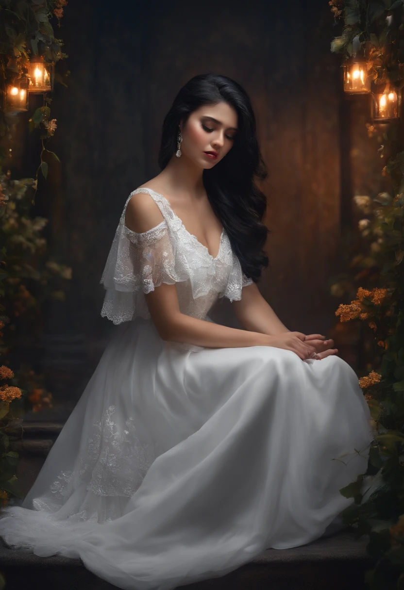 A girl in white dress black hair crying
