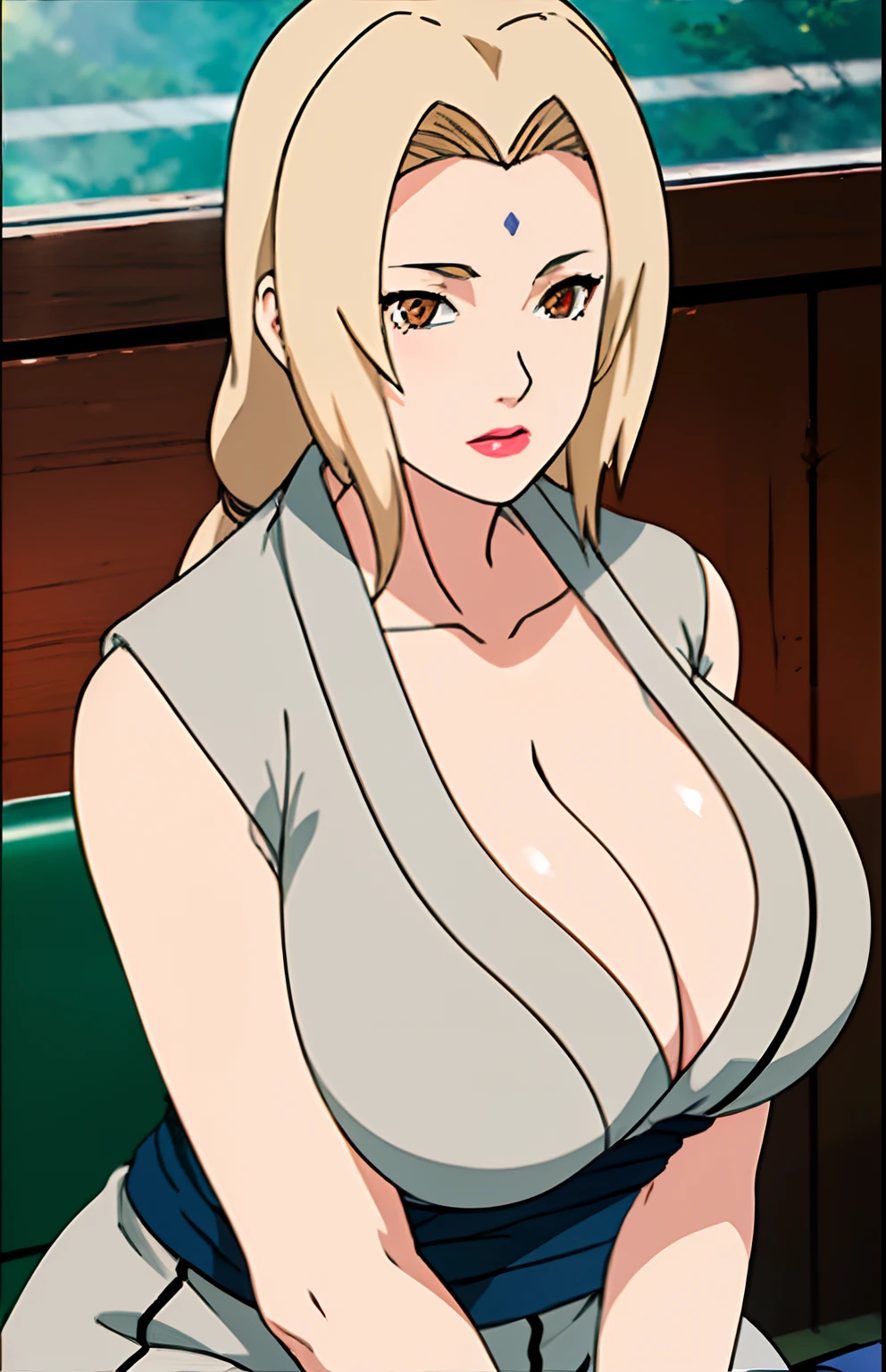 (huge tits), (), (), white kimono, fullbody, cleavage, good anatomy, masterpiece, best quality, 4k, 8k, professional photography, soft light, sharp focus, 1 girl, blonde hair, at classroom, blonde hair, parted banks, detailed face+brown eyes, open lips, lipstick, close up view, (mountain), (lake)