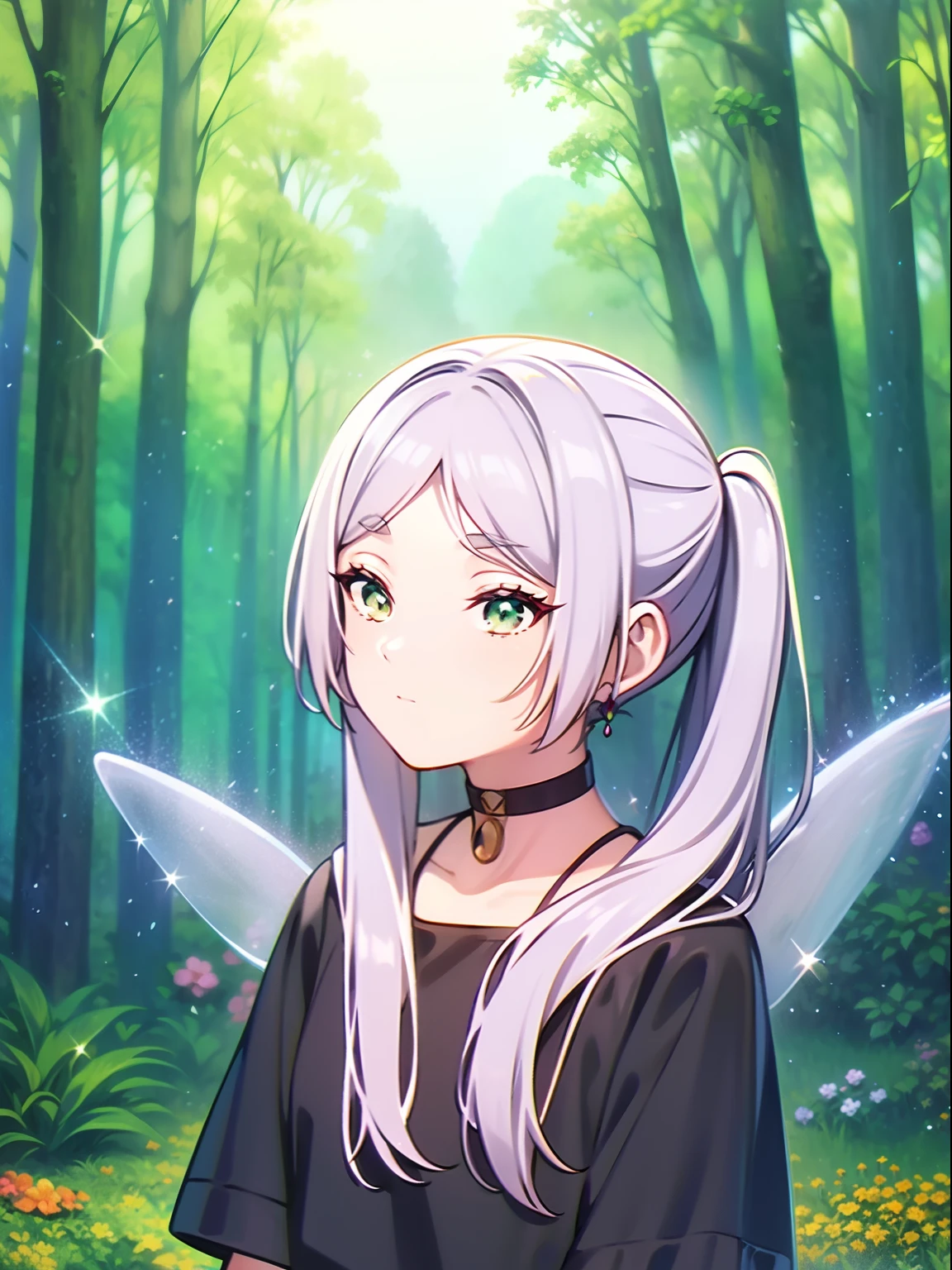 long silver hair, green detailing sparkling eyes, Flower fairy, Transparent colorful wings, Magic wand，The background is forest，fresh flowers，green trees，Outstanding quality，illustration，8k，High definition,Hair tied up in ponytails.