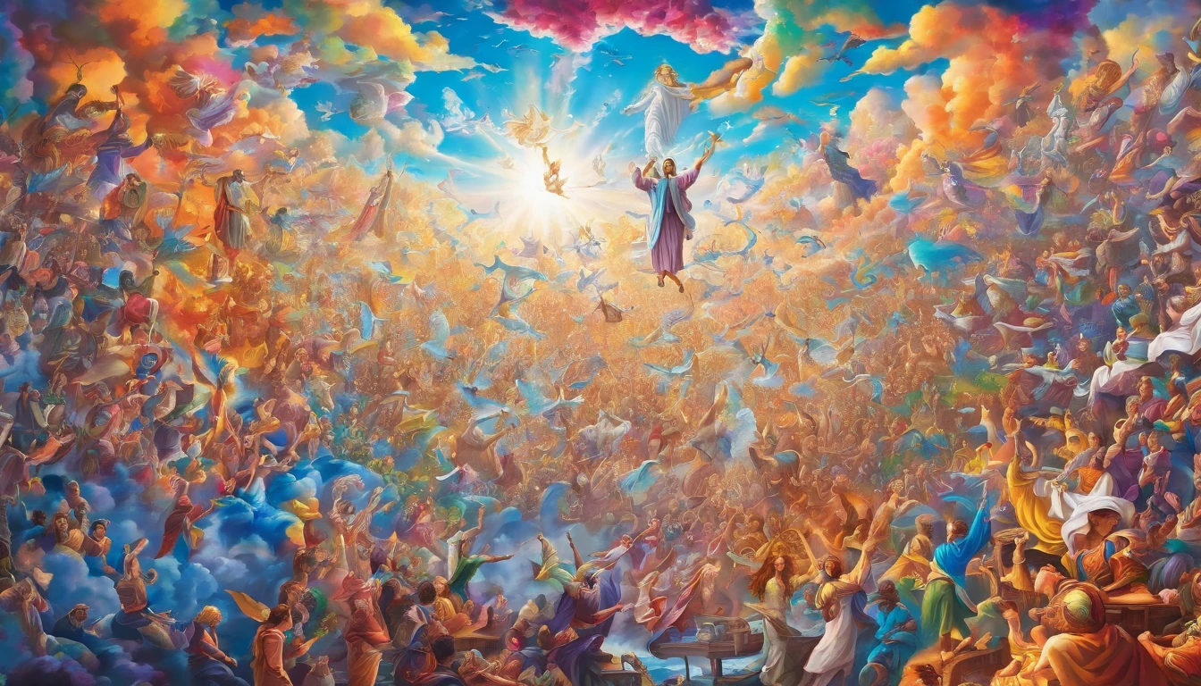The Rapture ,Thousands of people are floating in the air,Standing on the clouds, Thousands of people are dressed in white, Raise your hands and sing hymns to praise God. The scenes are magnificent and surreal. (Best Quality, 4k, 8K, high resolucion, Masterpiece:1.2), Ultra-detailed, (realisitic, Photorealistic, Realistis:1.37), portrait of a, Vivid colors, studio lit, Sharp focus, physics based rendering, extreme detail description, Biblical Topics, grand ambience, radiant light.